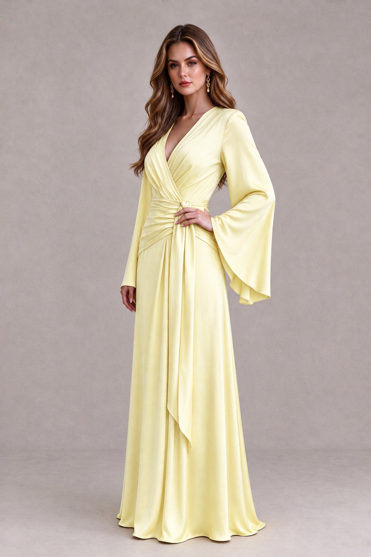 BOLODOO Light Yellow Yellow Satin-Look V-Neck Long Bell Sleeve Evening Dress - Light Yellow - Light_Yellow_3