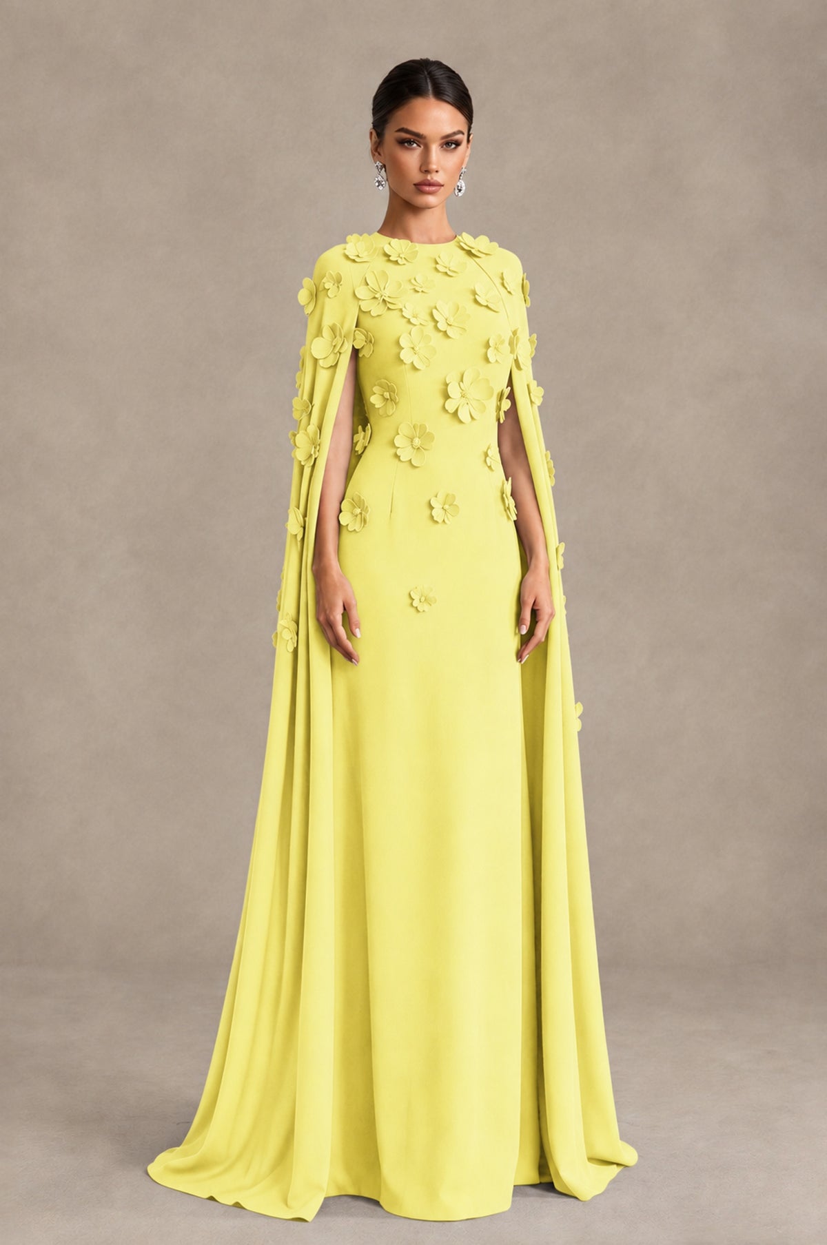 BOLODOO Light Yellow 3D Floral Applique Cape Formal Dress - Light Yellow - Light Yellow_3