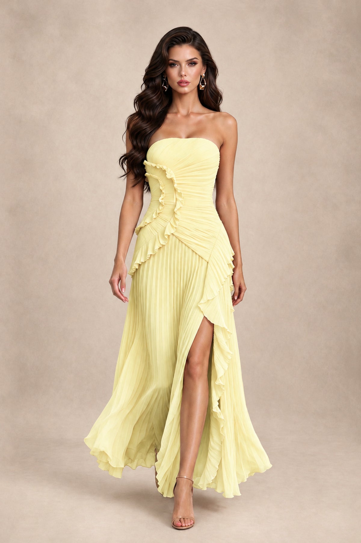 BOLODOO Light Yellow Strapless Ruffle Pleated Slit Evening Gown - Light Yellow - Light Yellow_3