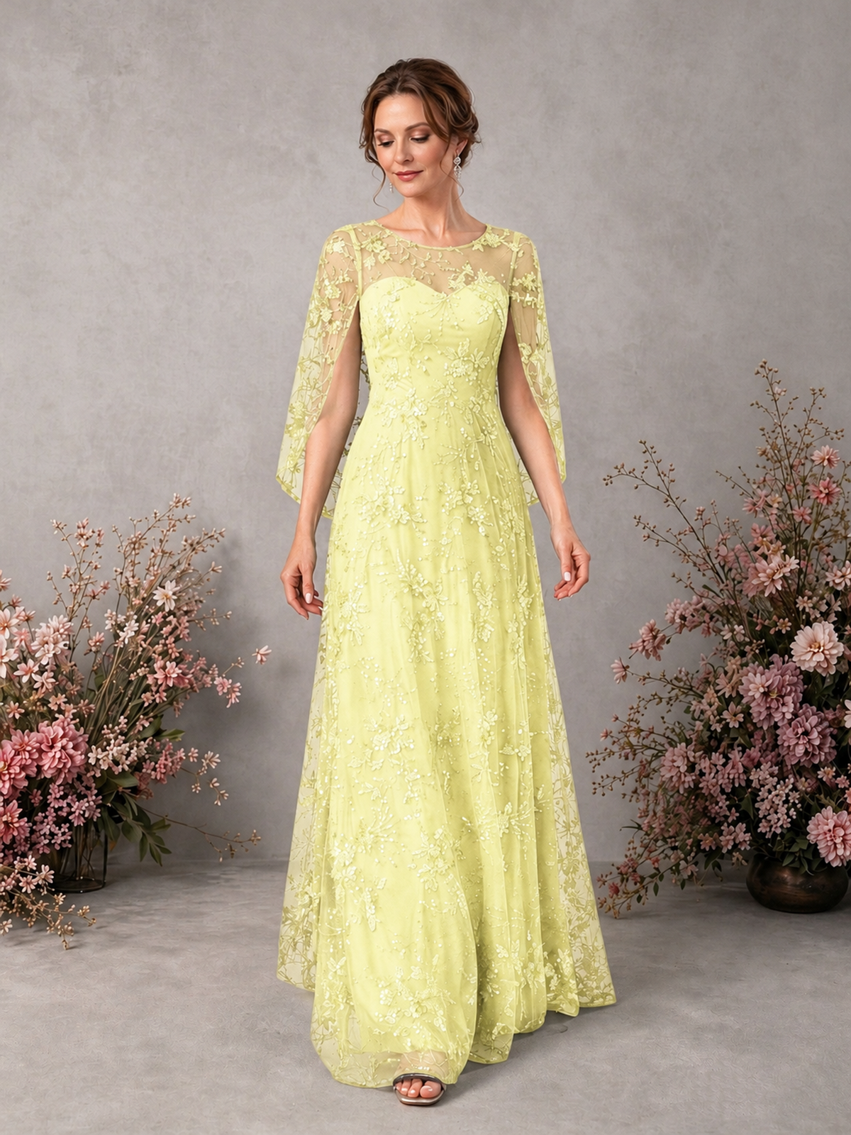 BOLODOO Light Yellow Sequin Lace Cape Sleeve Formal Evening Gown - Light Yellow - Light Yellow_3