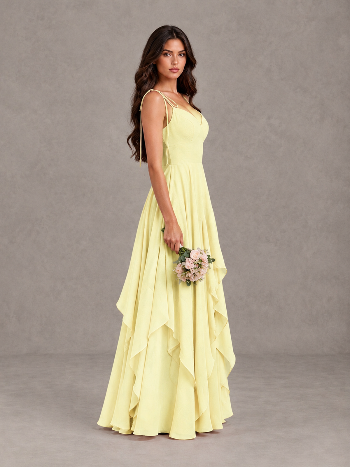 BOLODOO Light Yellow Tie-Strap Ruffle A-Line Bridesmaid Dress - Light Yellow - Light Yellow_3