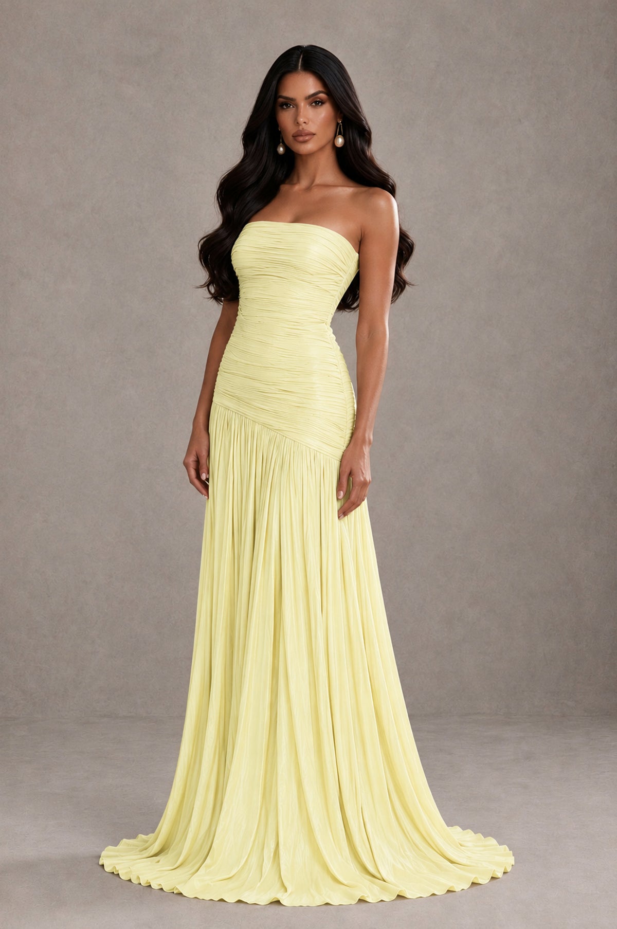 BOLODOO Light Yellow Metallic Ruched Strapless Pleated A-Line Backless Maxi Dress with Train - Light Yellow - Light Yellow_3