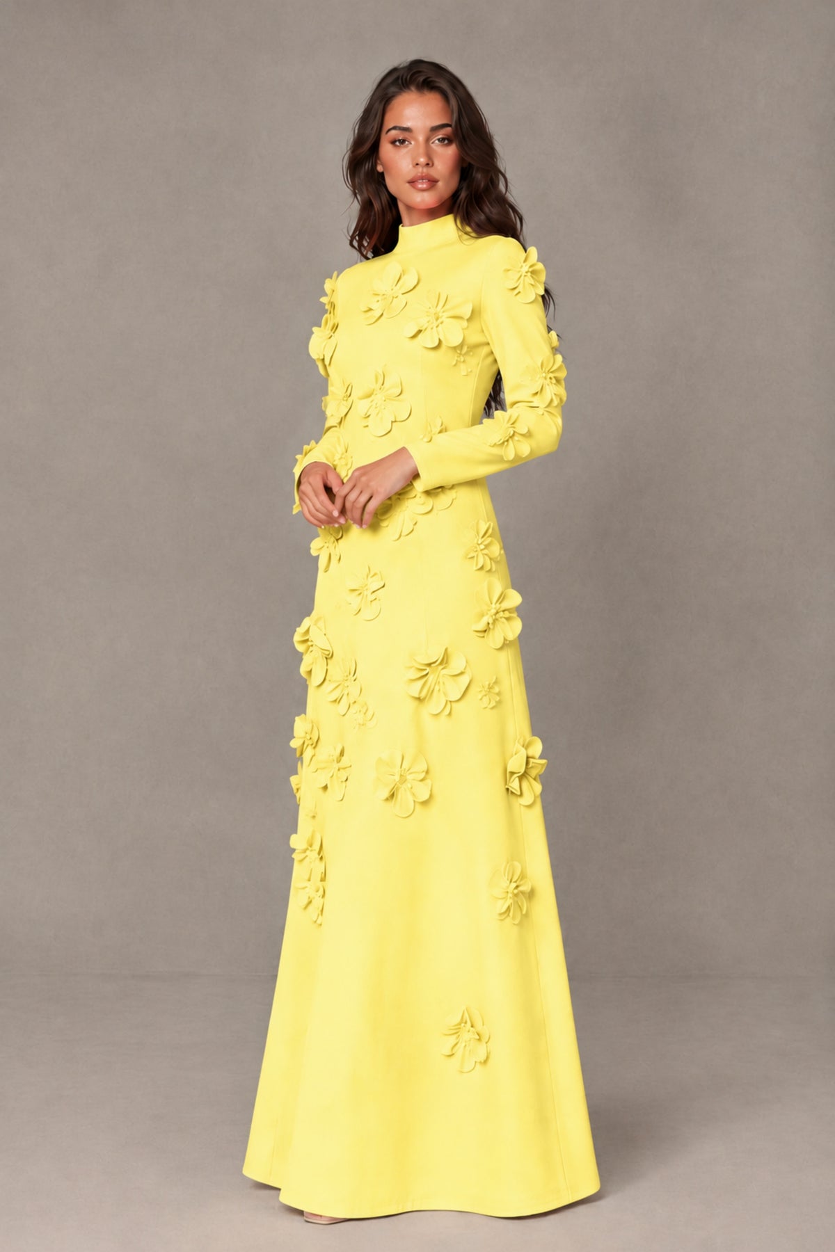 BOLODOO Light Yellow High Neck Long Sleeve 3D Floral Evening Gown - Light Yellow