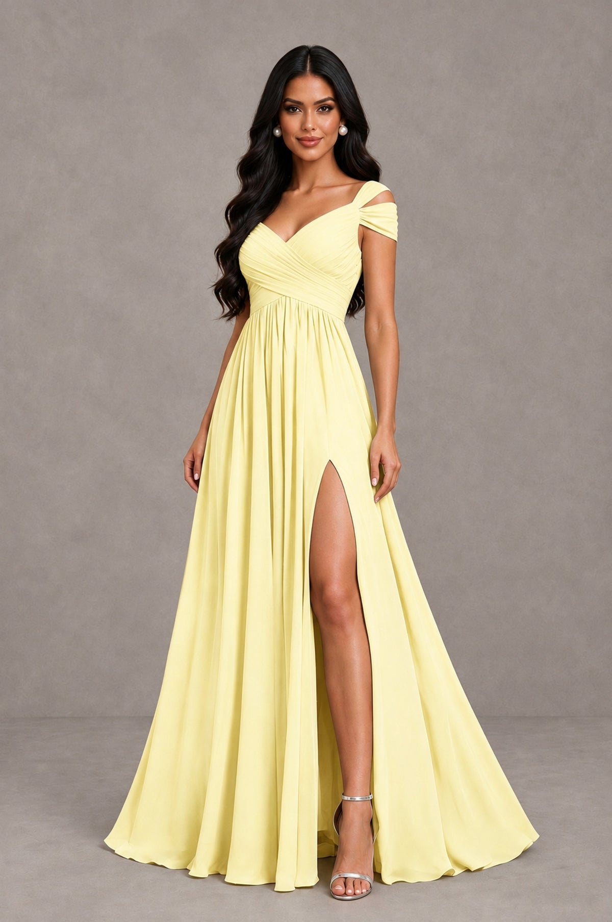 BOLODOO Light Yellow Cold Shoulder Chiffon Evening Dress with V Neck and High Slit - Light Yellow - Light Yellow_3