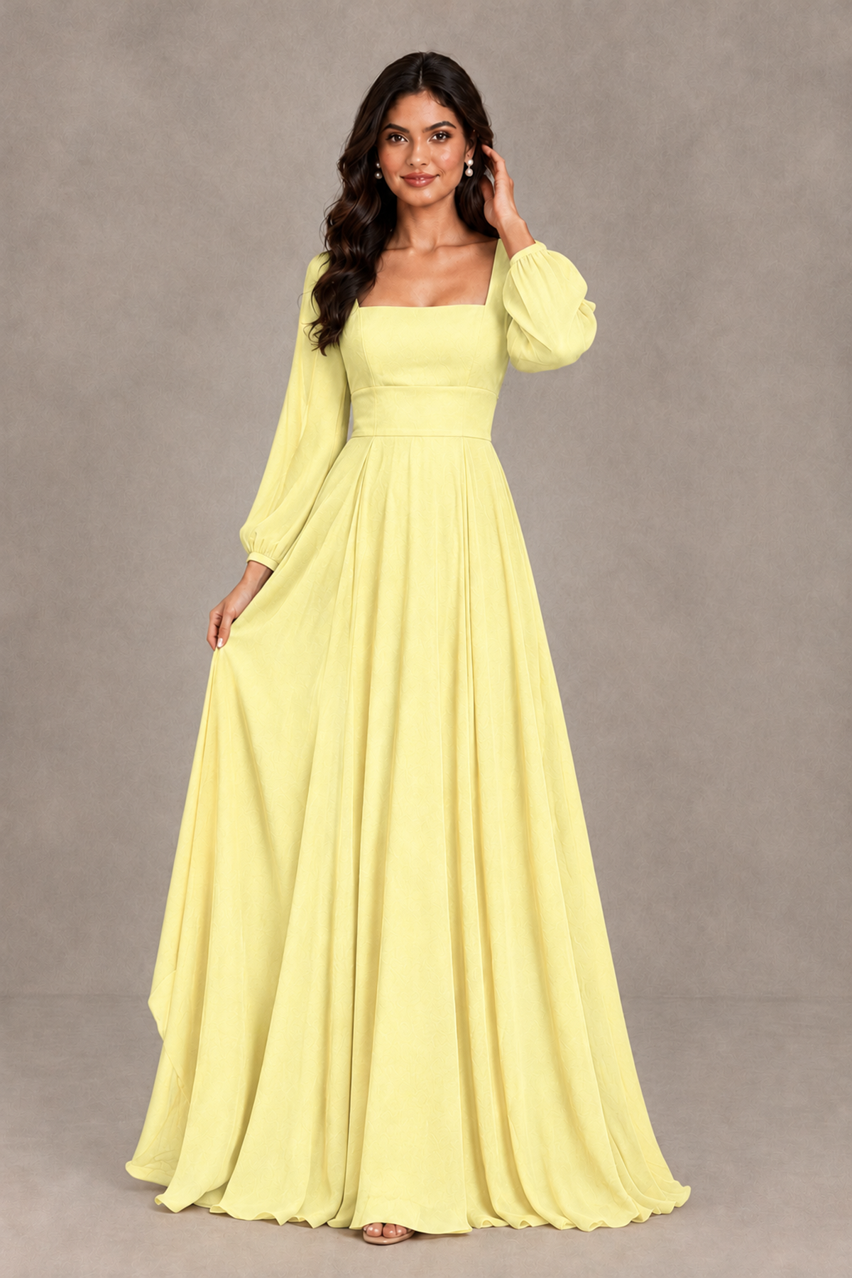 BOLODOO Light Yellow Square Neck Long Sleeve A-Line Bridesmaid Dress - Light Yellow - Light Yellow_3