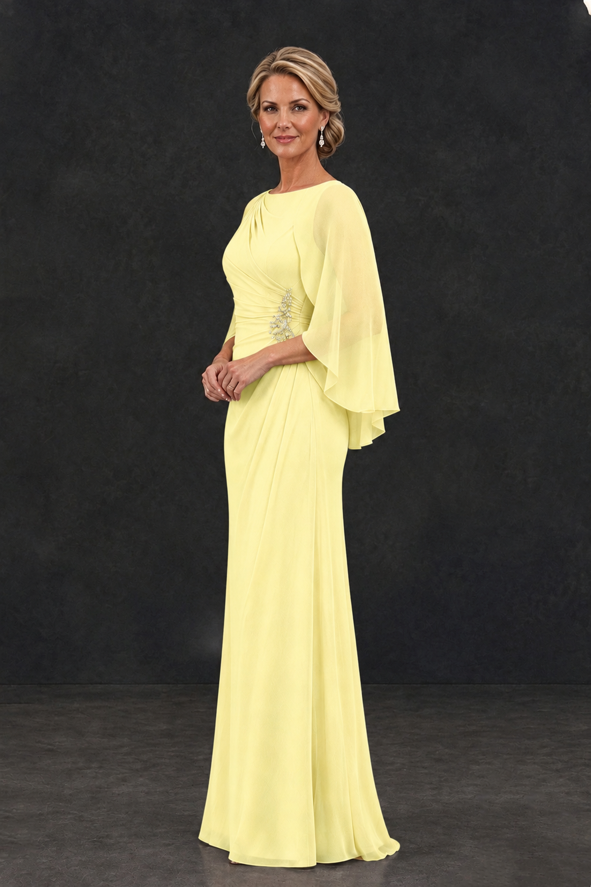 BOLODOO Light Yellow Cape Sleeve Mother of the Bride Dress with Ruched Waist - Light Yellow - Light Yellow_3