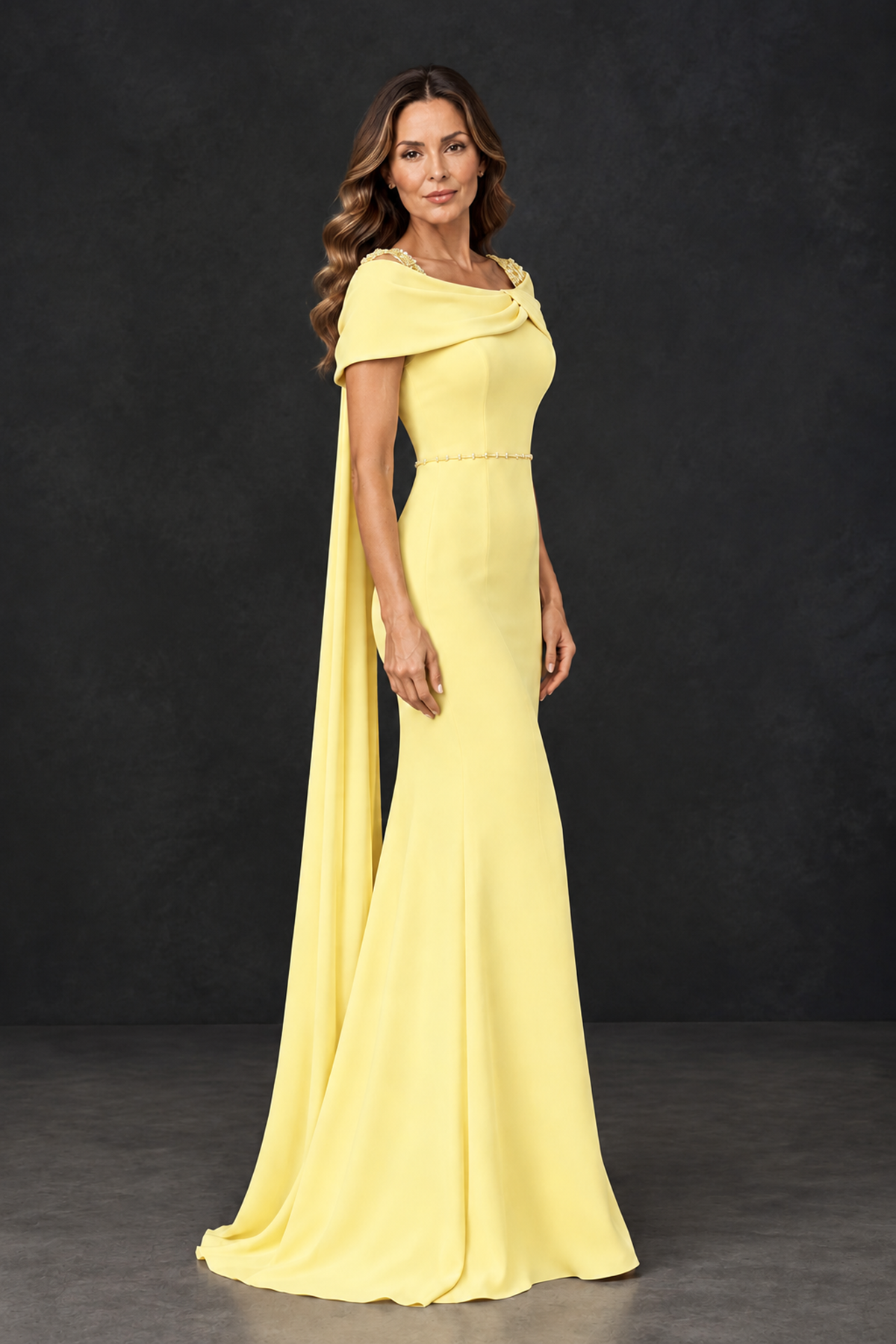 BOLODOO Light Yellow Mother of the Bride Dress with Draped Cape Detail - Light Yellow - Light_Yellow_3