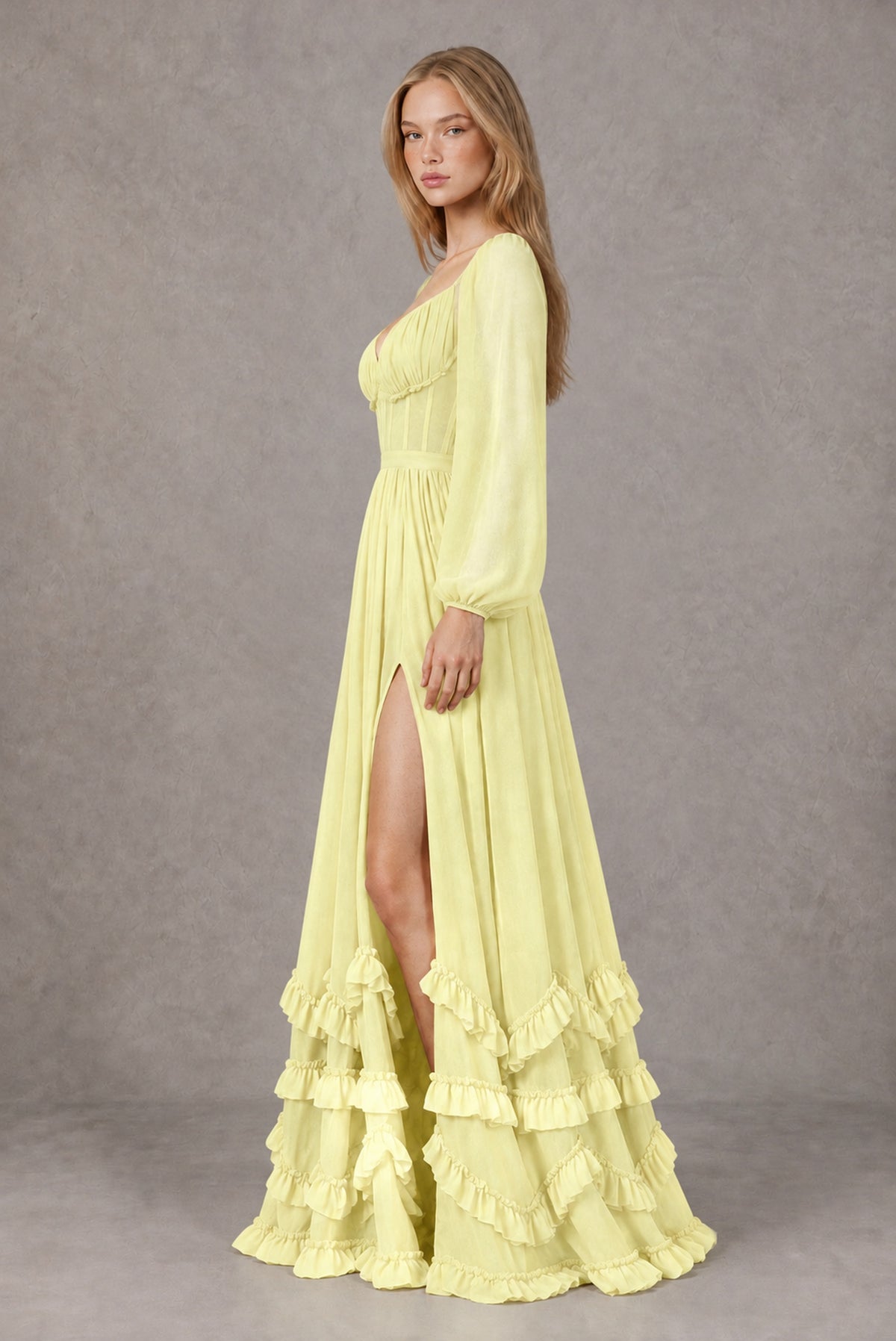 Light Yellow Long-Sleeve Ruffle Maxi Dress with Lace-Up Back and Slit - Light Yellow