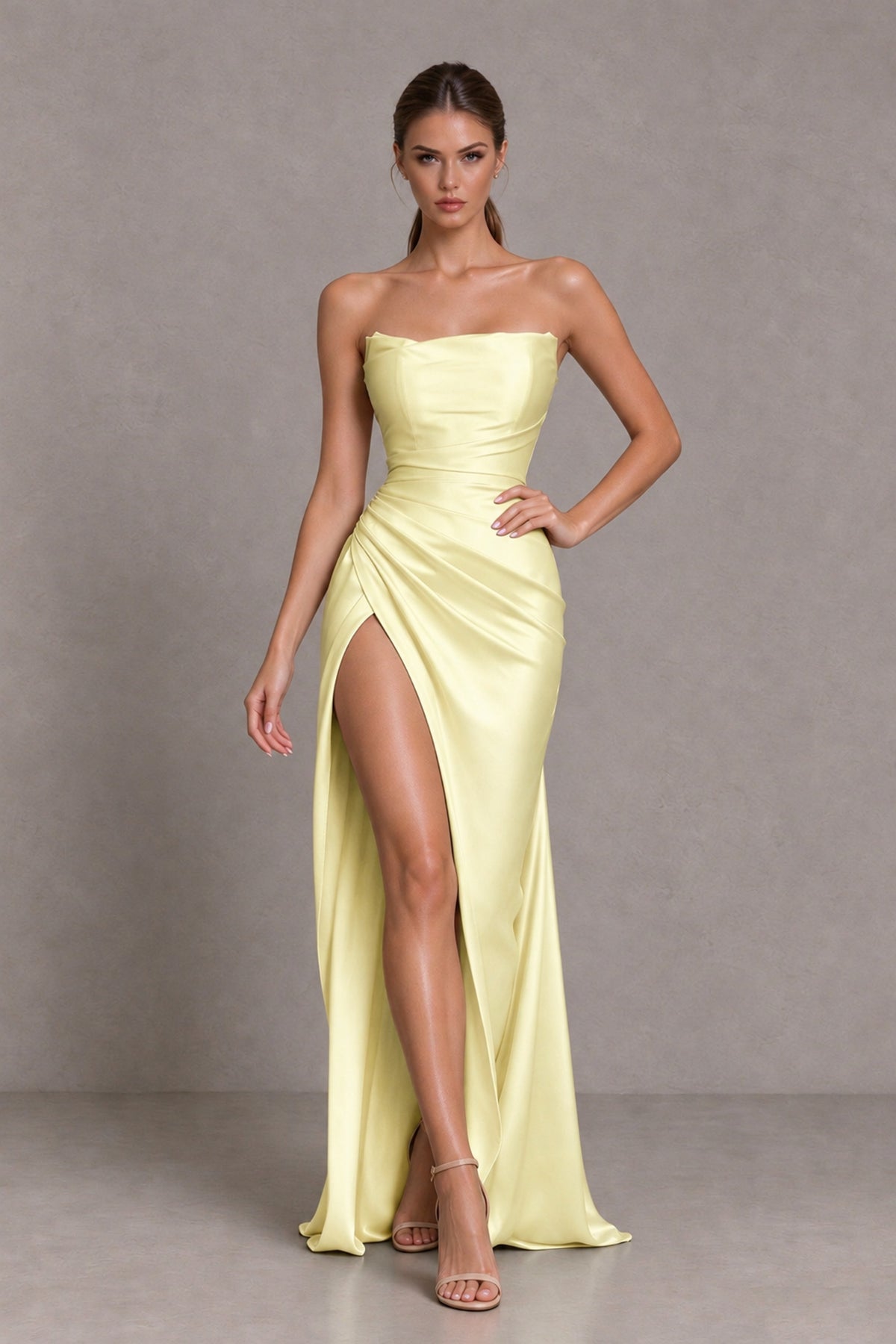BOLODOO Light Yellow Strapless Ruched Satin-Look Evening Dress with High Slit - Light Yellow - Light Yellow_3