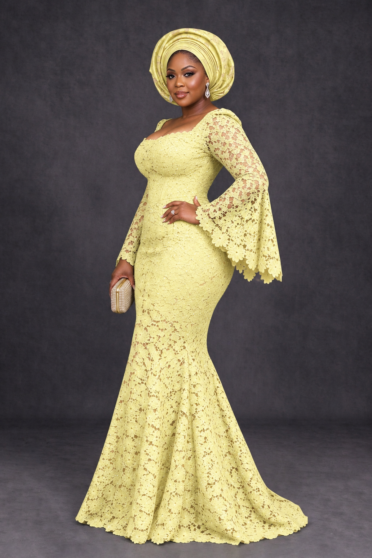 BOLODOO Light Yellow African Lace Mermaid Dress, Plus Size Nigerian Wedding Guest Gown with Bell Sleeves - Light Yellow - Light Yellow_3