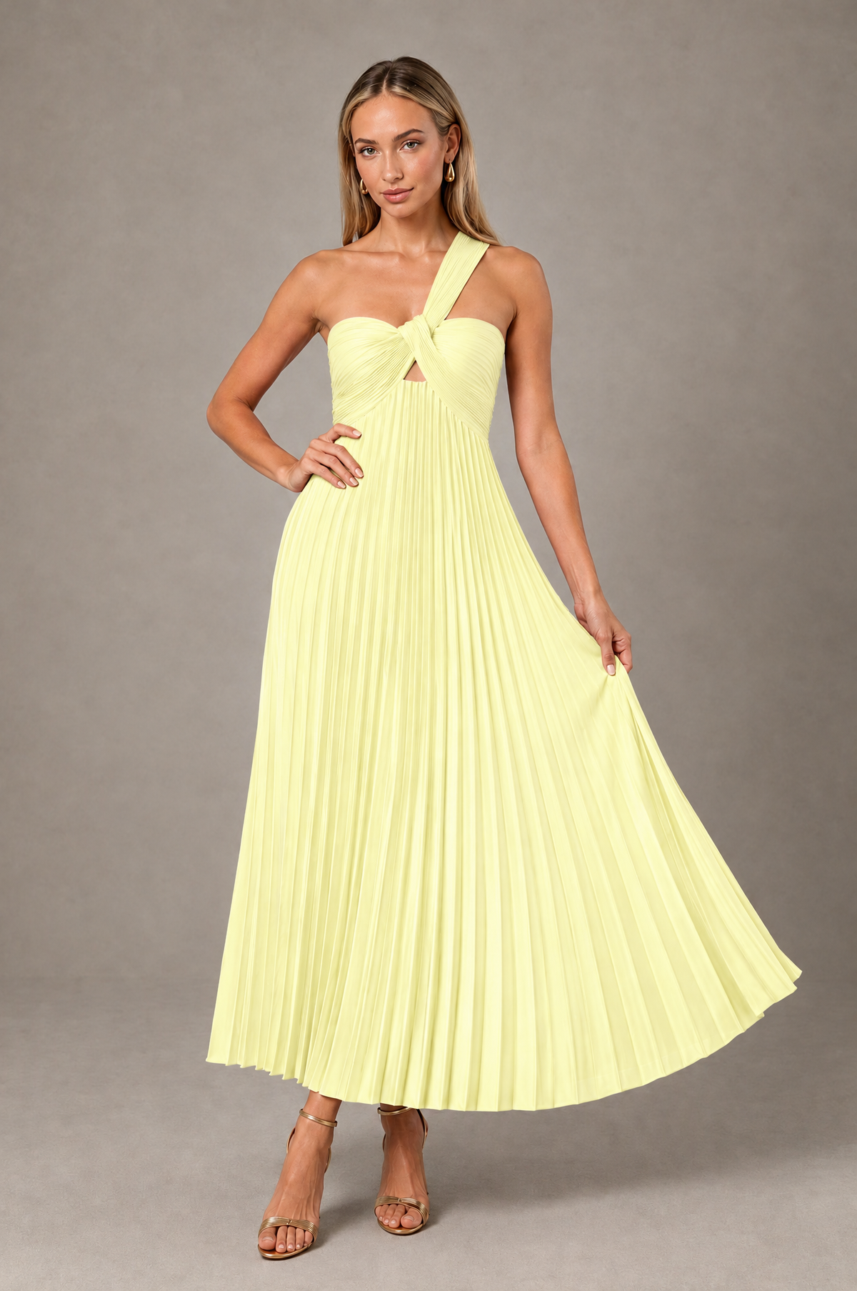 BOLODOO Light Yellow One-Shoulder Twist Knot Pleated Satin Midi Dress with Cutout - Light Yellow - Light_Yellow_4