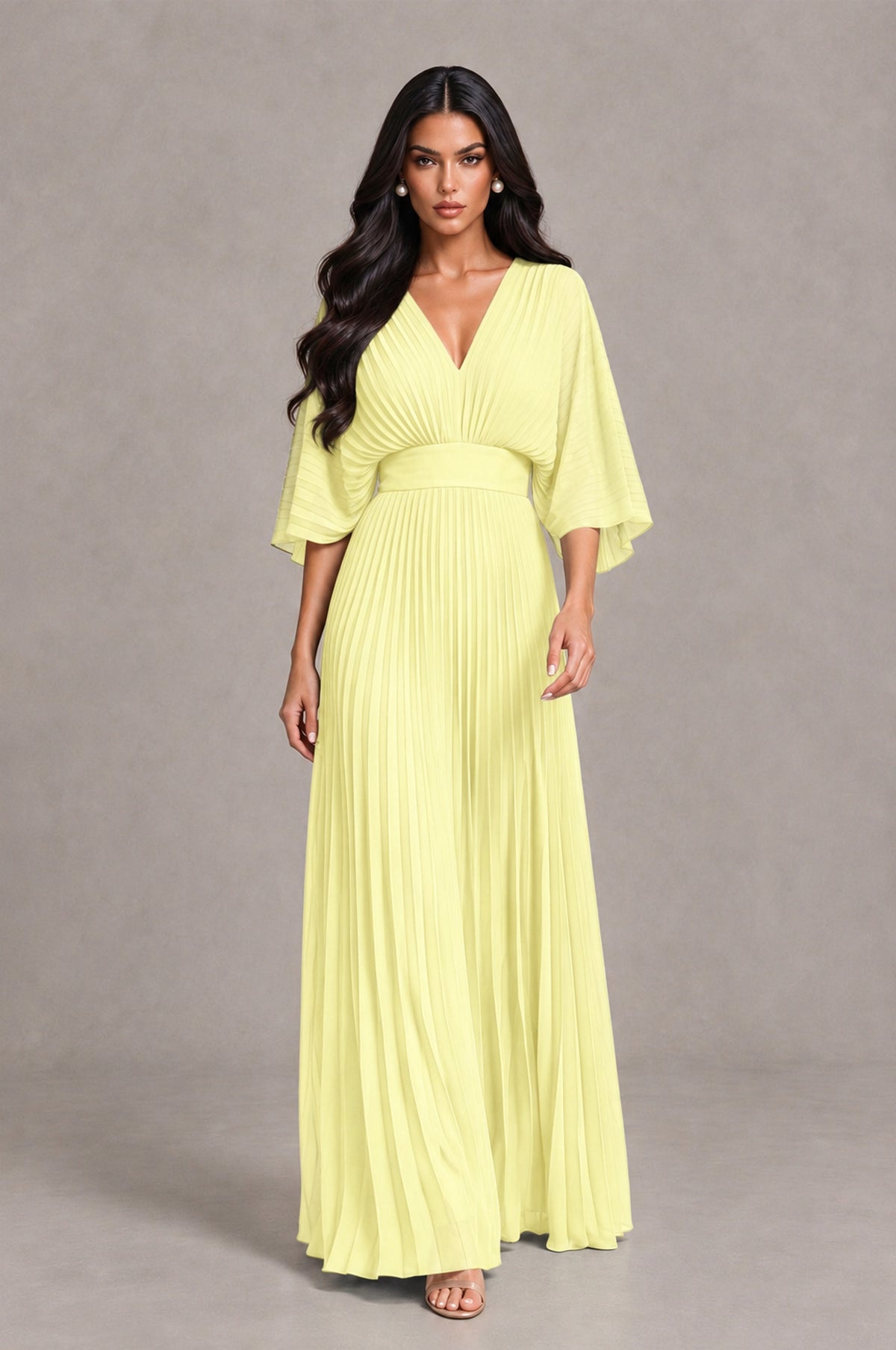 BOLODOO Light Yellow V-Neck Pleated Flutter Sleeve Formal Dress - Light Yellow - Light Yellow_4