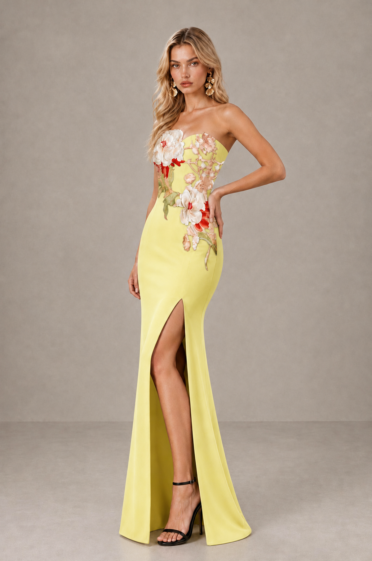 BOLODOO Light Yellow Strapless Floral Mermaid Evening Dress with Slit - Light Yellow - Light_Yellow_4