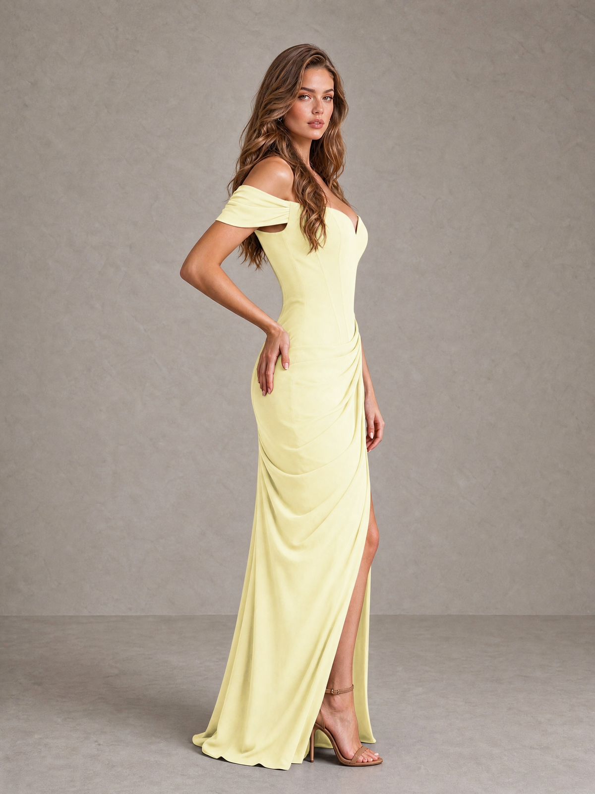 BOLODOO Light Yellow Off-Shoulder Ruched Corset Wedding Guest Dress with Slit - Light Yellow - Light_Yellow_4