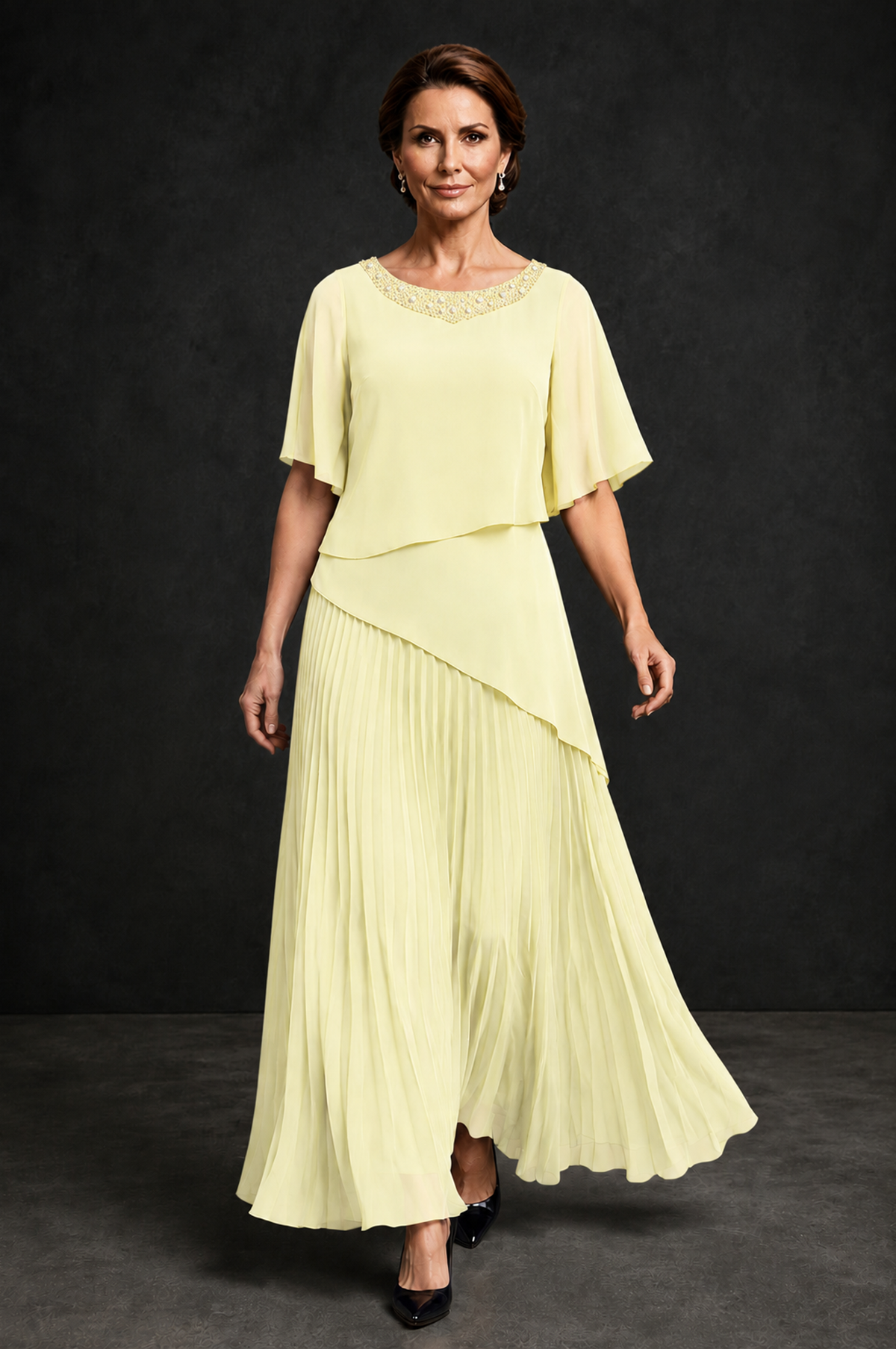 BOLODOO Light Yellow Pearl Beaded Neck Asymmetric Tiered Flutter Sleeve Pleated Chiffon Maxi Dress - Light Yellow - Light_Yellow_4