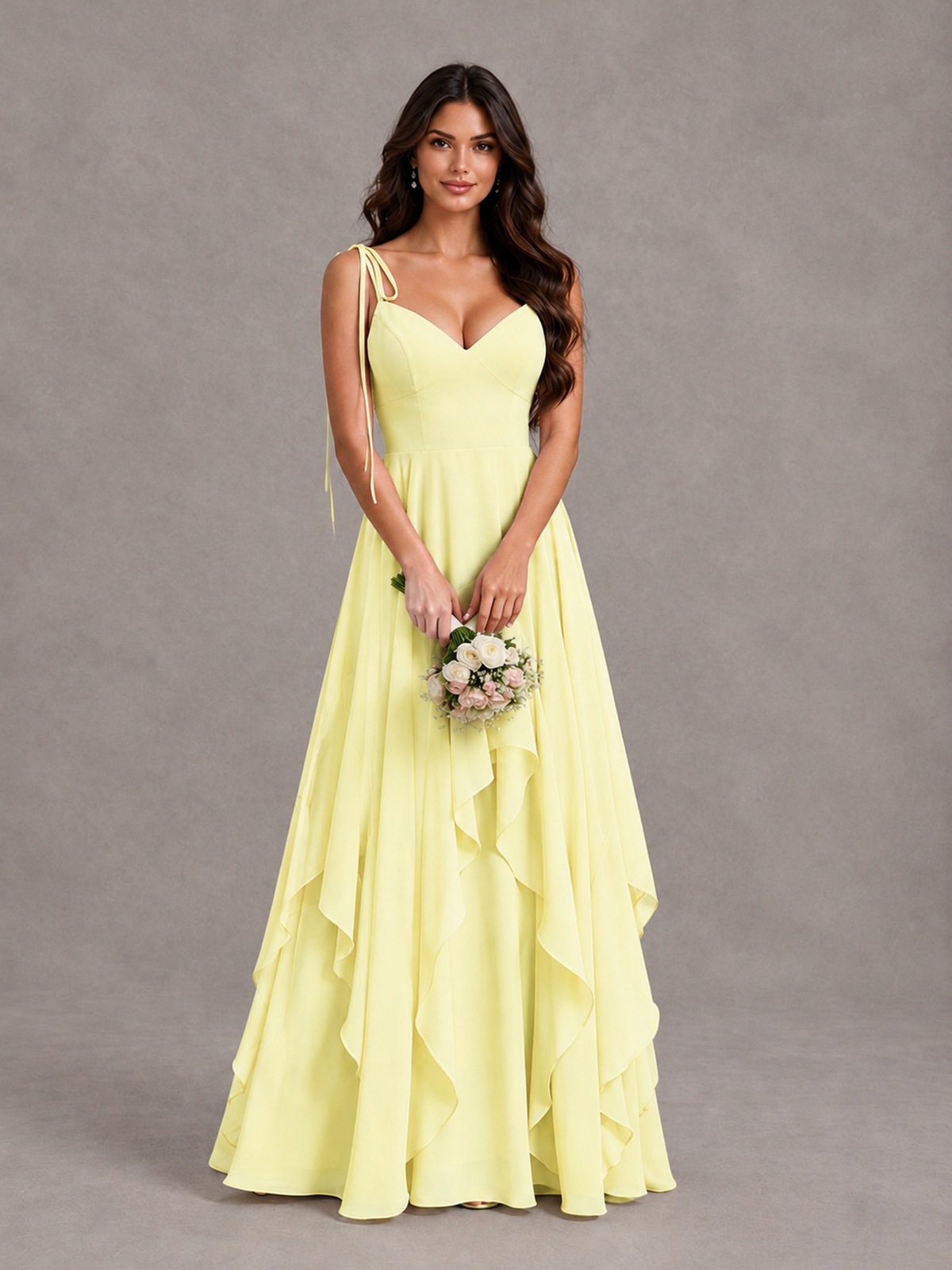 BOLODOO Light Yellow Tie-Strap Ruffle A-Line Bridesmaid Dress - Light Yellow - Light Yellow_4