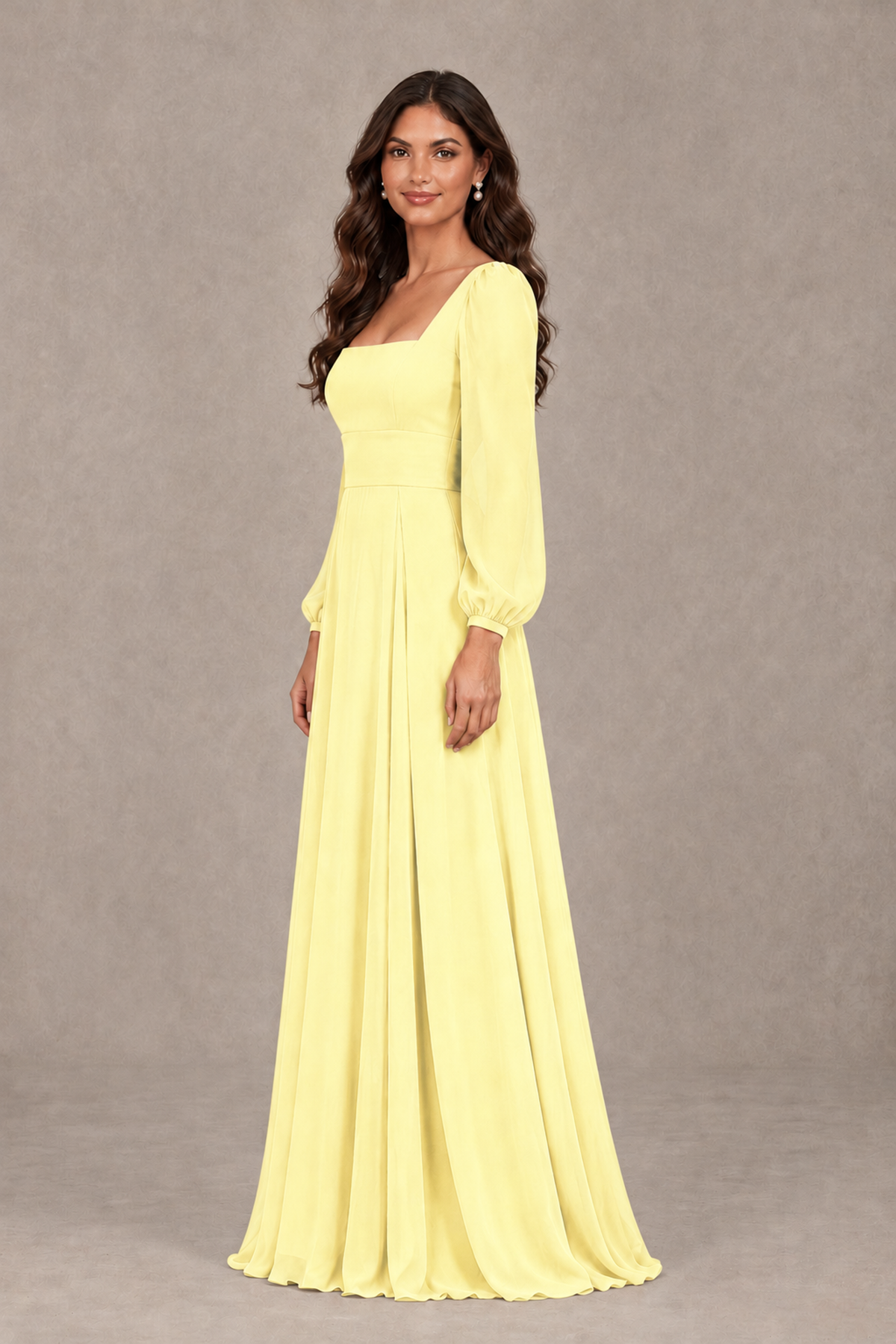 BOLODOO Light Yellow Square Neck Long Sleeve A-Line Bridesmaid Dress - Light Yellow - Light Yellow_4