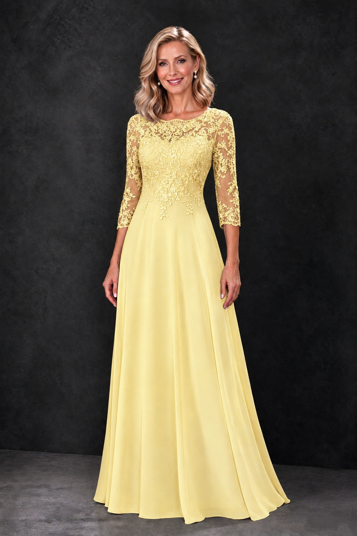 BOLODOO Light Yellow Lace Embroidered Mother of the Bride Dress with 3/4 Sleeves - Light Yellow - Light Yellow_4