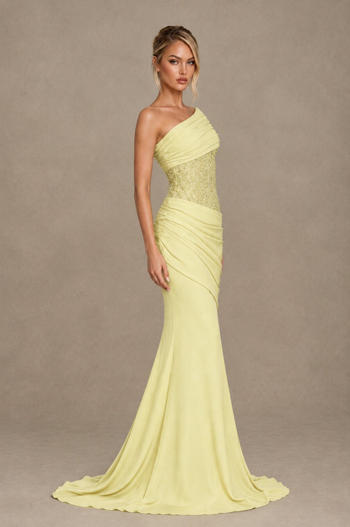 BOLODOO Light Yellow One-Shoulder Sequin Embroidered Ruched Mermaid Gown with Train - Light Yellow - Light Yellow_4