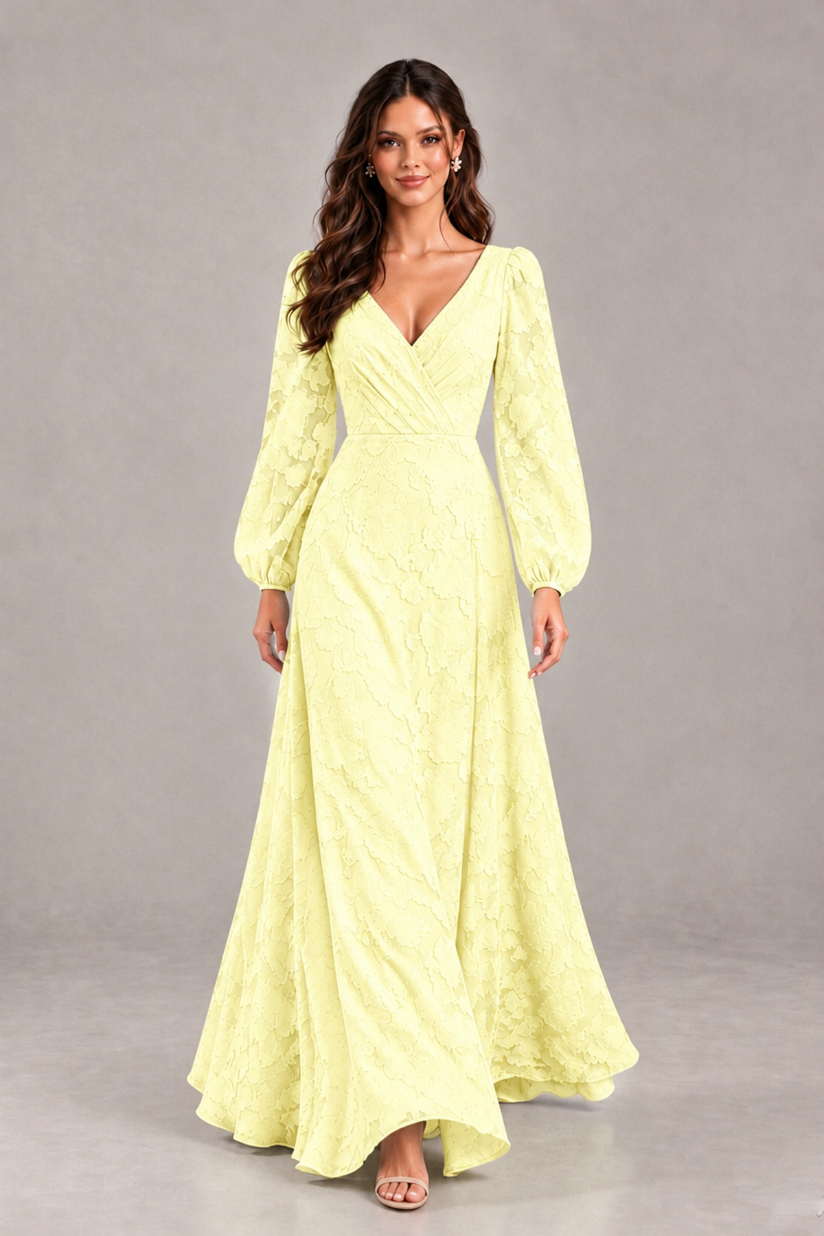 BOLODOO Light Yellow Long Sleeve V-Neck A-Line Mother of the Bride Dress - Light Yellow - Light Yellow_4