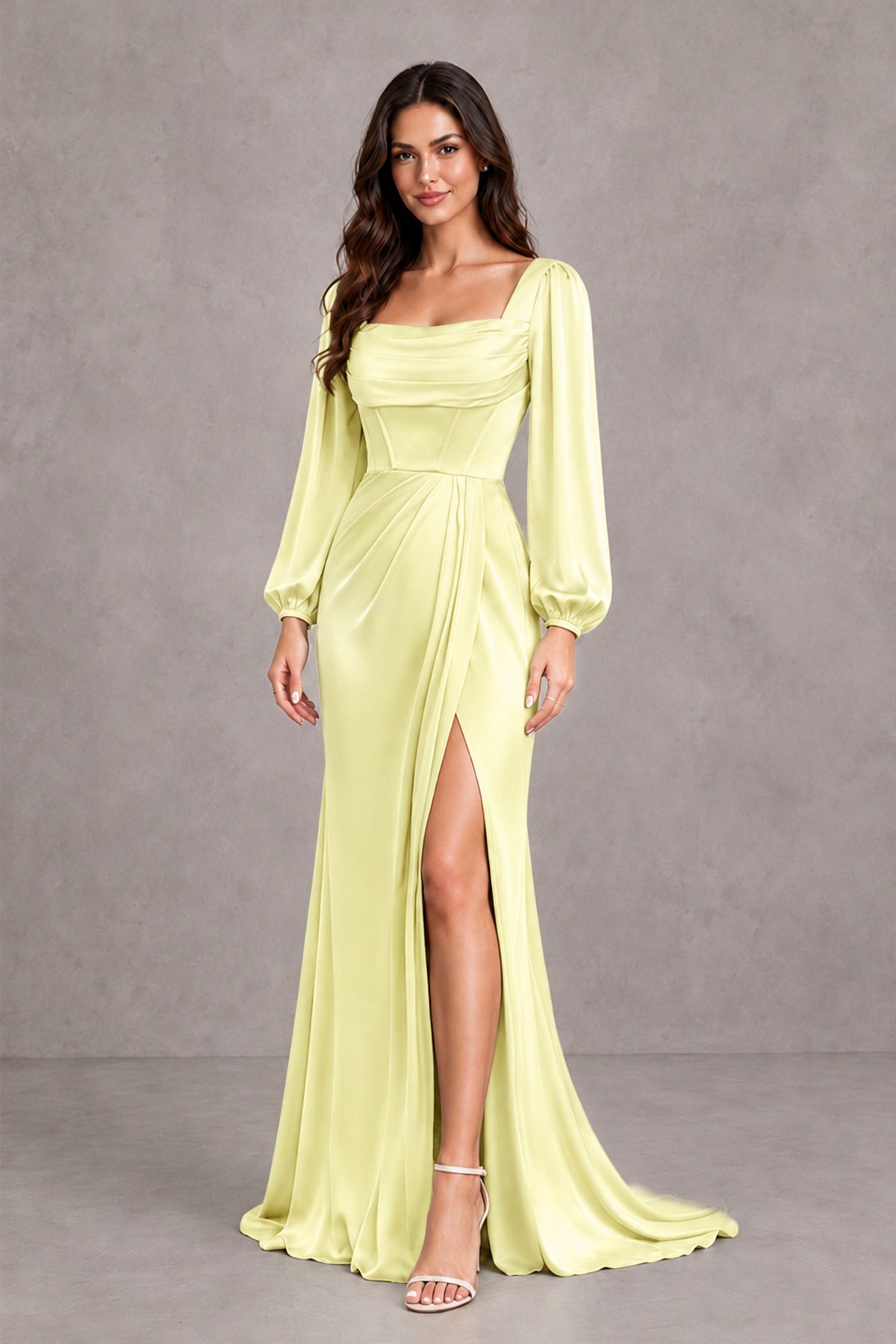 BOLODOO Light Yellow Satin-Look Long Sleeve Evening Dress with High Slit - Light Yellow - Light Yellow_4