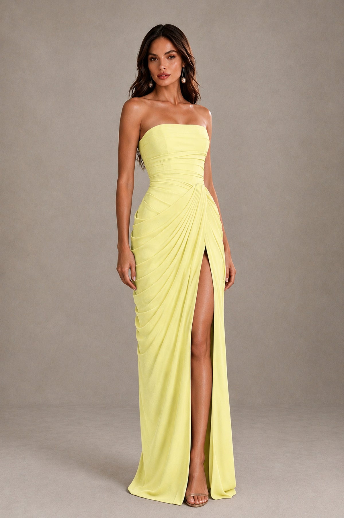 BOLODOO Strapless Draped Maxi Dress - Light Yellow Backless Evening Gown with High Slit - Light Yellow - Light Yellow_4