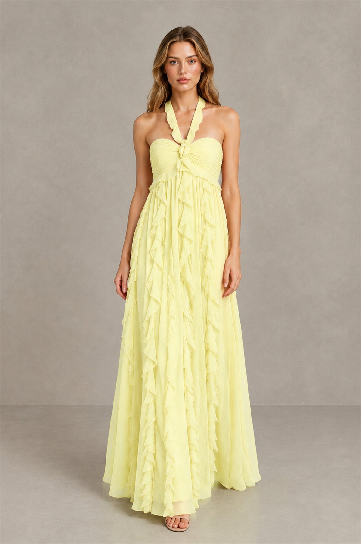 BOLODOO Light Yellow Halter Ruffle A-Line Floor-Length Evening Dress - Light Yellow - Light_Yellow_4
