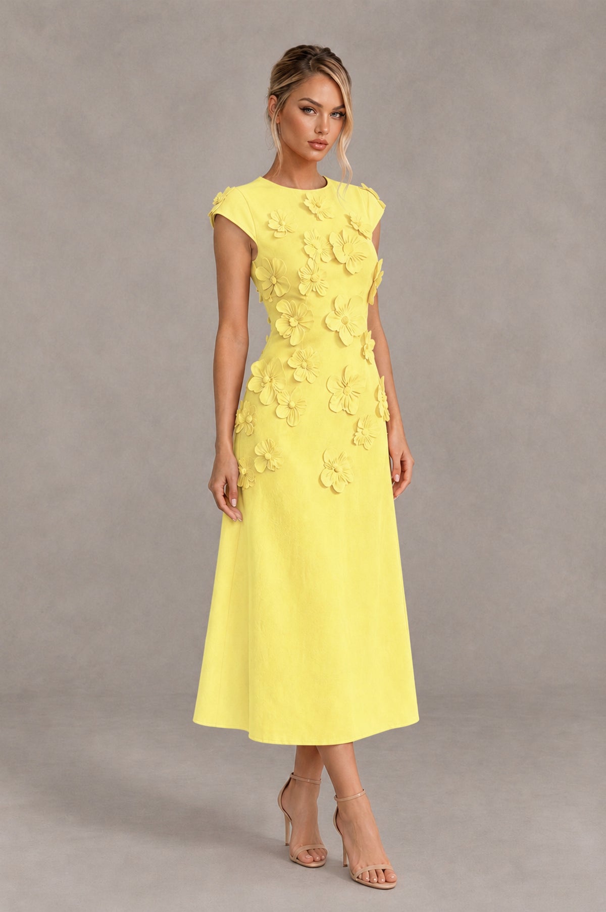 BOLODOO Light Yellow 3D Floral Cap Sleeve Midi Cocktail Dress - Light Yellow - Light Yellow_4