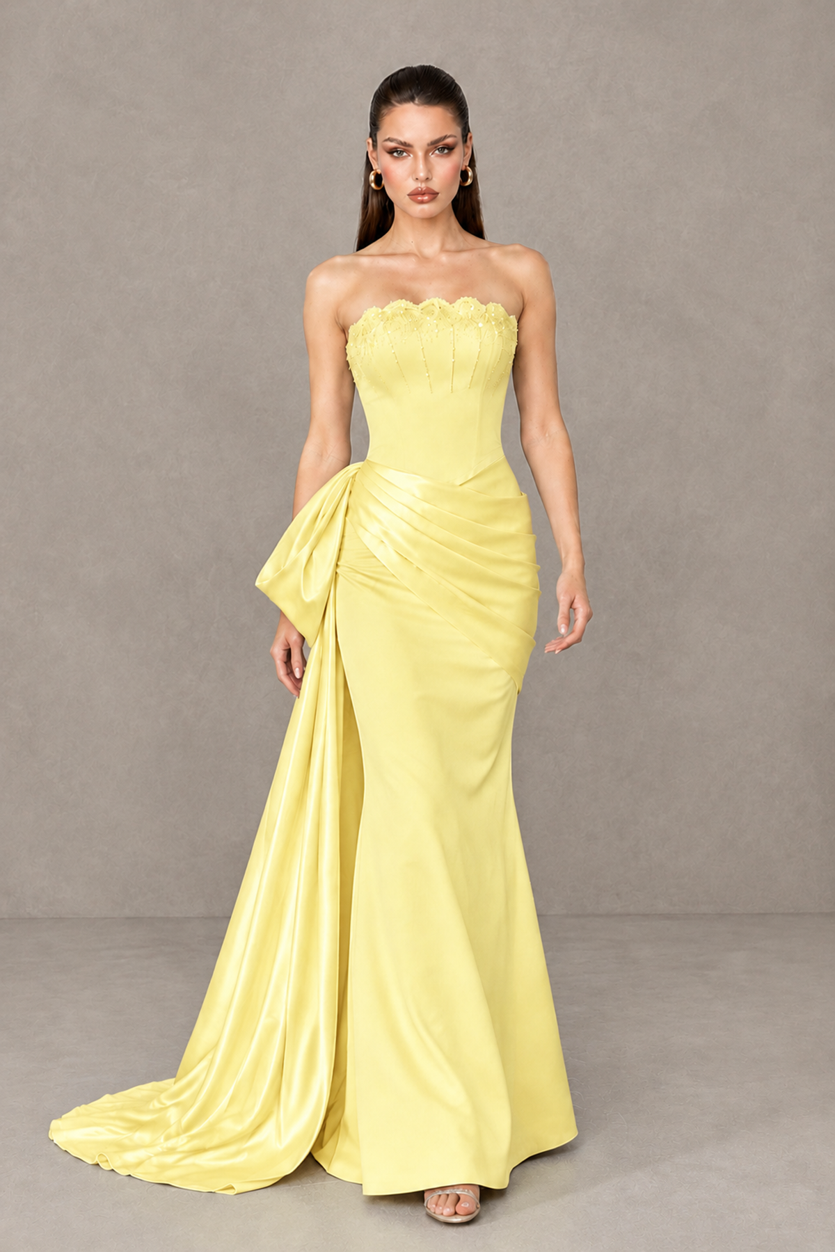 BOLODOO Light Yellow Strapless Satin Prom Dress with Draped Side Train - Light Yellow - Light_Yellow_4