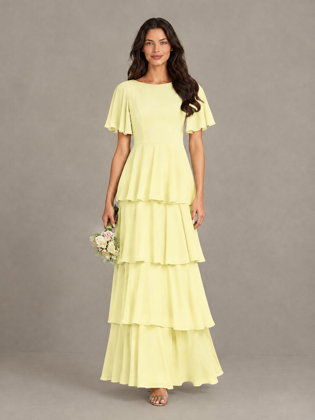BOLODOO Light Yellow Tiered Flutter Sleeve Bridesmaid Dress - Light Yellow - Light Yellow_4
