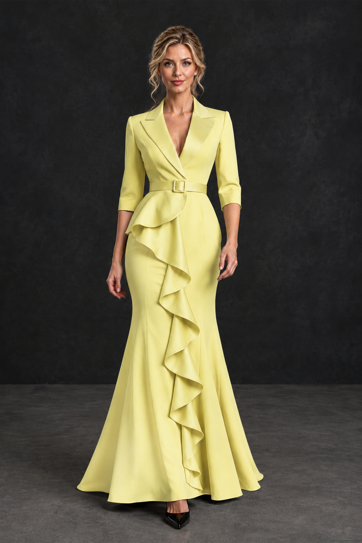 BOLODOO Light Yellow Lapel Ruffle Mother of the Bride Dress with Belt - Light Yellow - Light Yellow_4