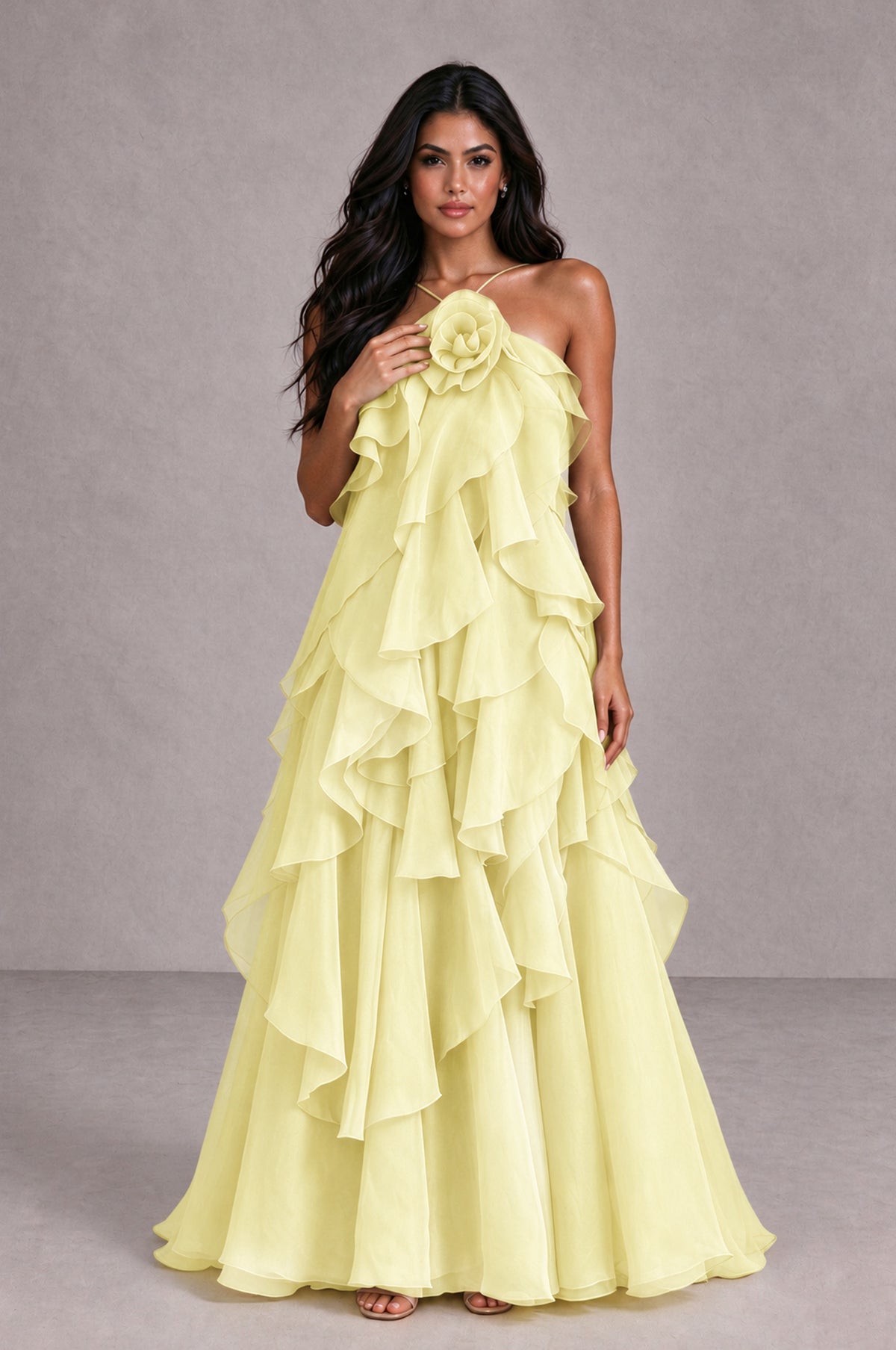 BOLODOO Light Yellow Cascading Ruffle Rosette Open-Back Maxi Dress - Light Yellow - Light Yellow_4