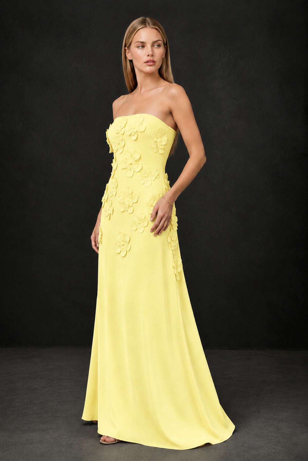 BOLODOO Light Yellow Strapless 3D Floral Appliqué Crepe Maxi Gown - Light Yellow