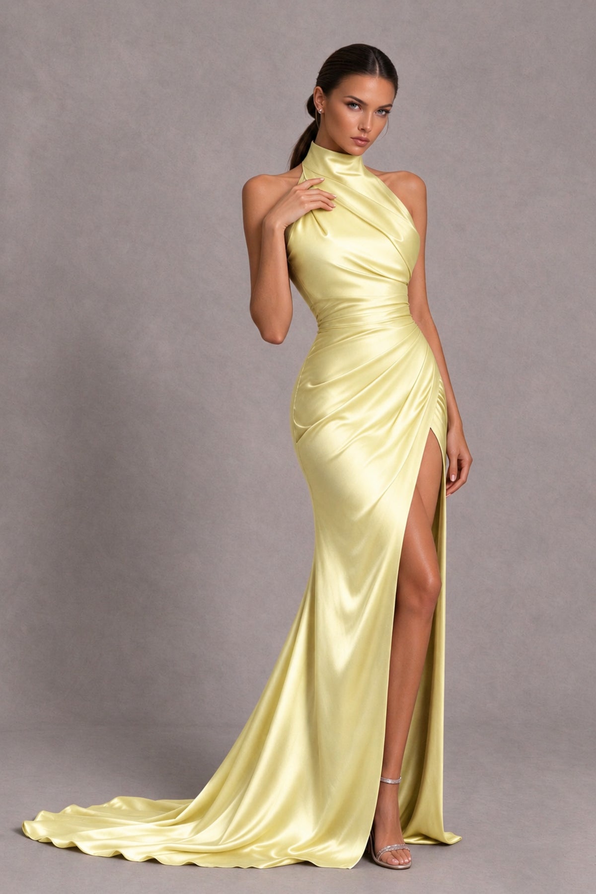 BOLODOO Light Yellow Halter Satin-Look Evening Gown with High Slit - Light Yellow - Light Yellow_4