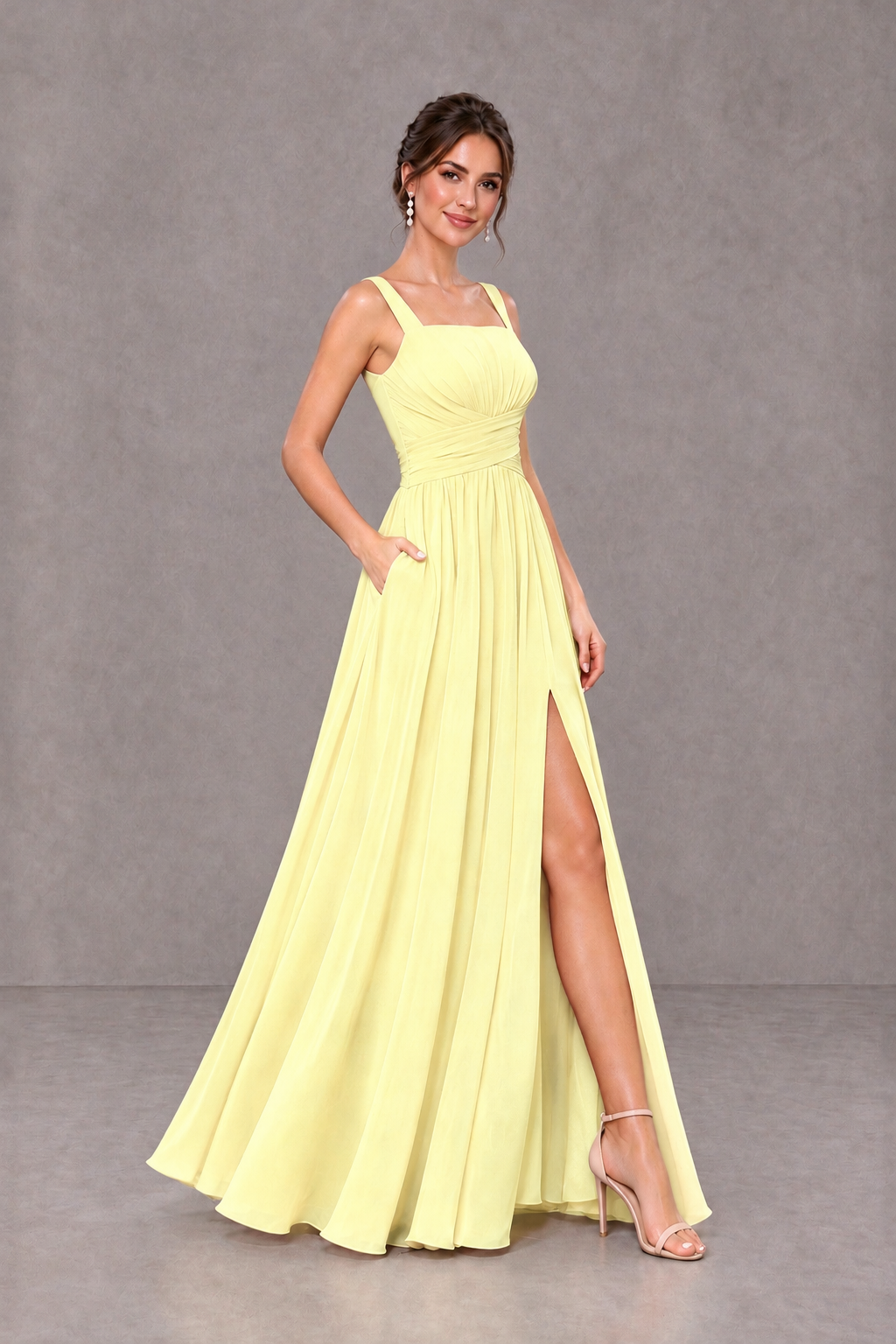 BOLODOO Light Yellow Square Neck A-Line Bridesmaid Dress with Slit - Light Yellow - Light Yellow_4