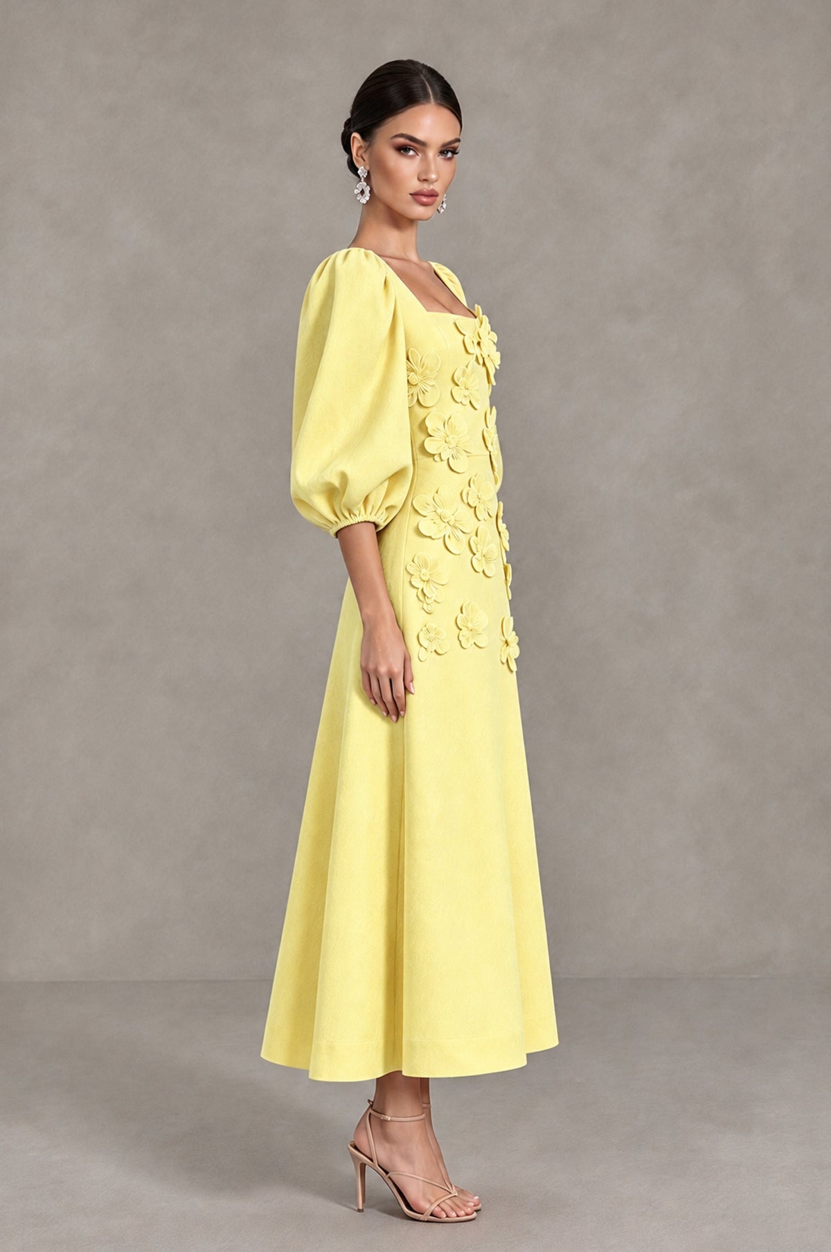 BOLODOO Light Yellow 3D Floral Puff Sleeve Midi Cocktail Dress - Light Yellow - Light Yellow_4