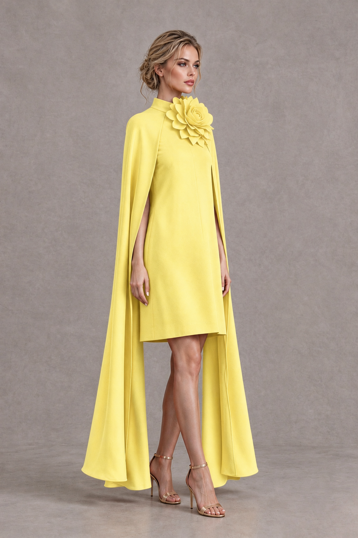 BOLODOO Light Yellow High Neck Floral Cape Mini Cocktail Dress - Light Yellow - Light Yellow_4