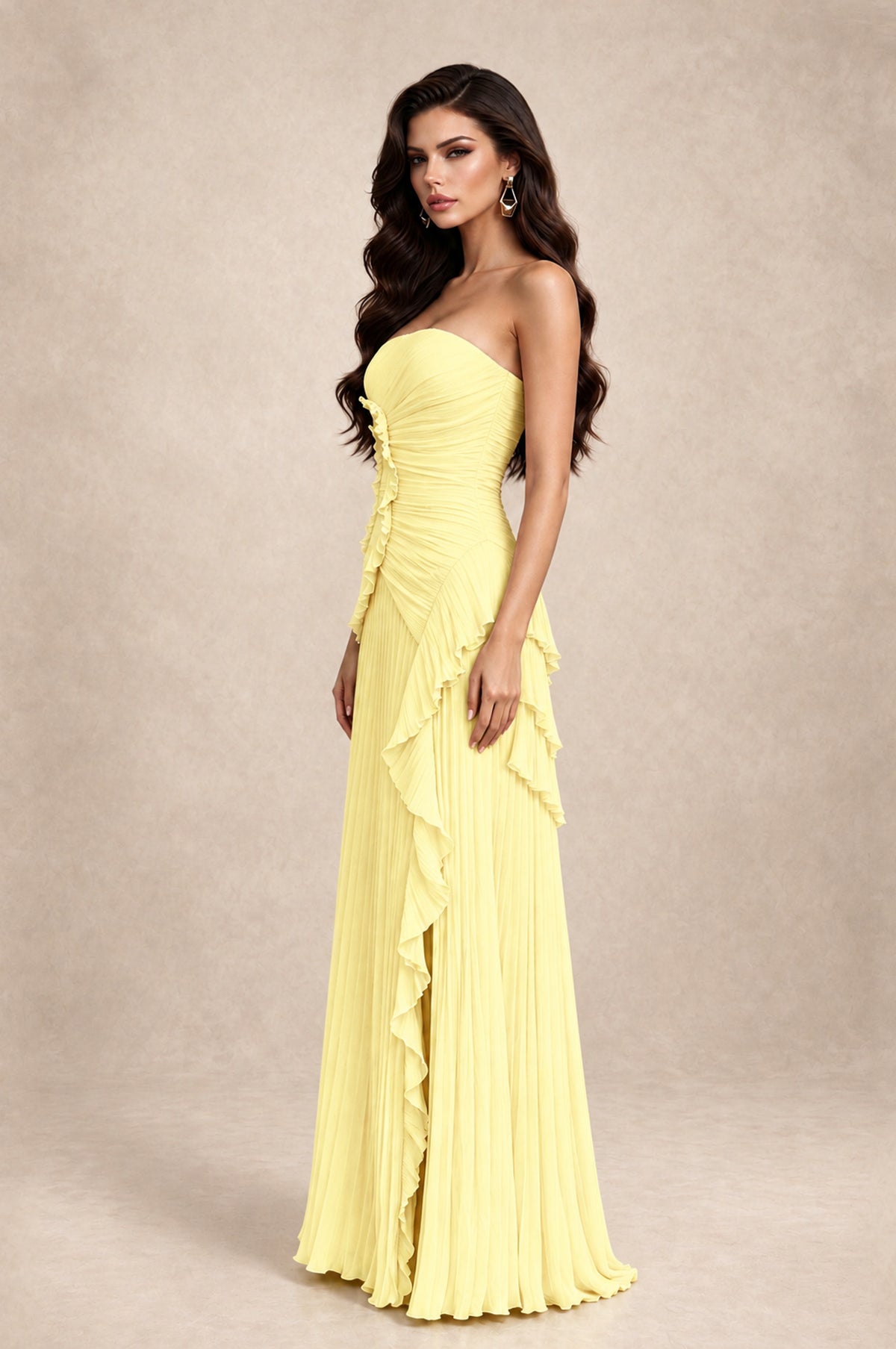 BOLODOO Light Yellow Strapless Ruffle Pleated Slit Evening Gown - Light Yellow - Light Yellow_4