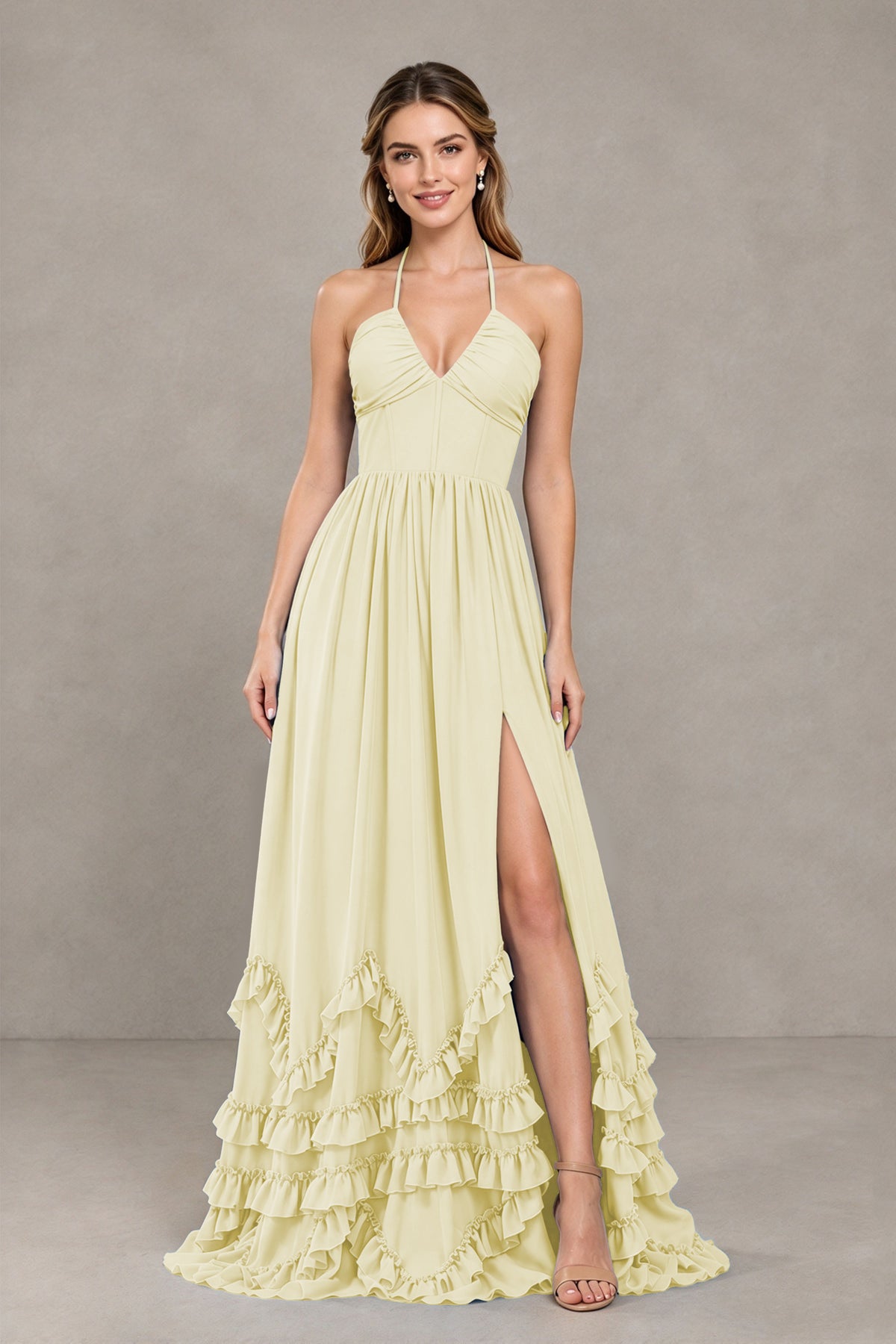 BOLODOO Light Yellow Halter Ruffle Hem A-Line Bridesmaid Dress with High Slit - Light Yellow - Light Yellow(4)
