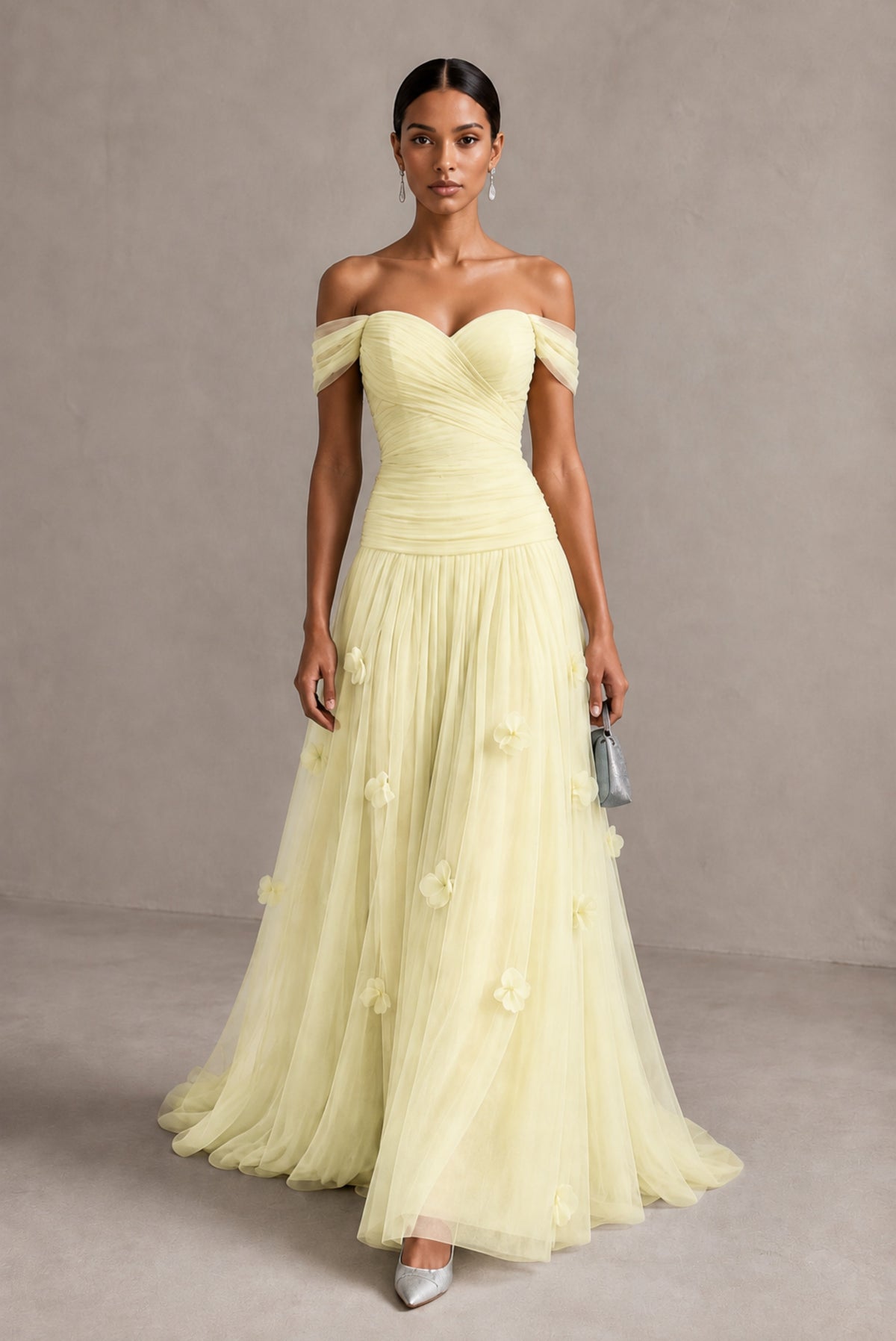 Light Yellow Off-Shoulder Sweetheart A-Line Tulle Gown with 3D Floral Appliques | BOLODOO - Light Yellow