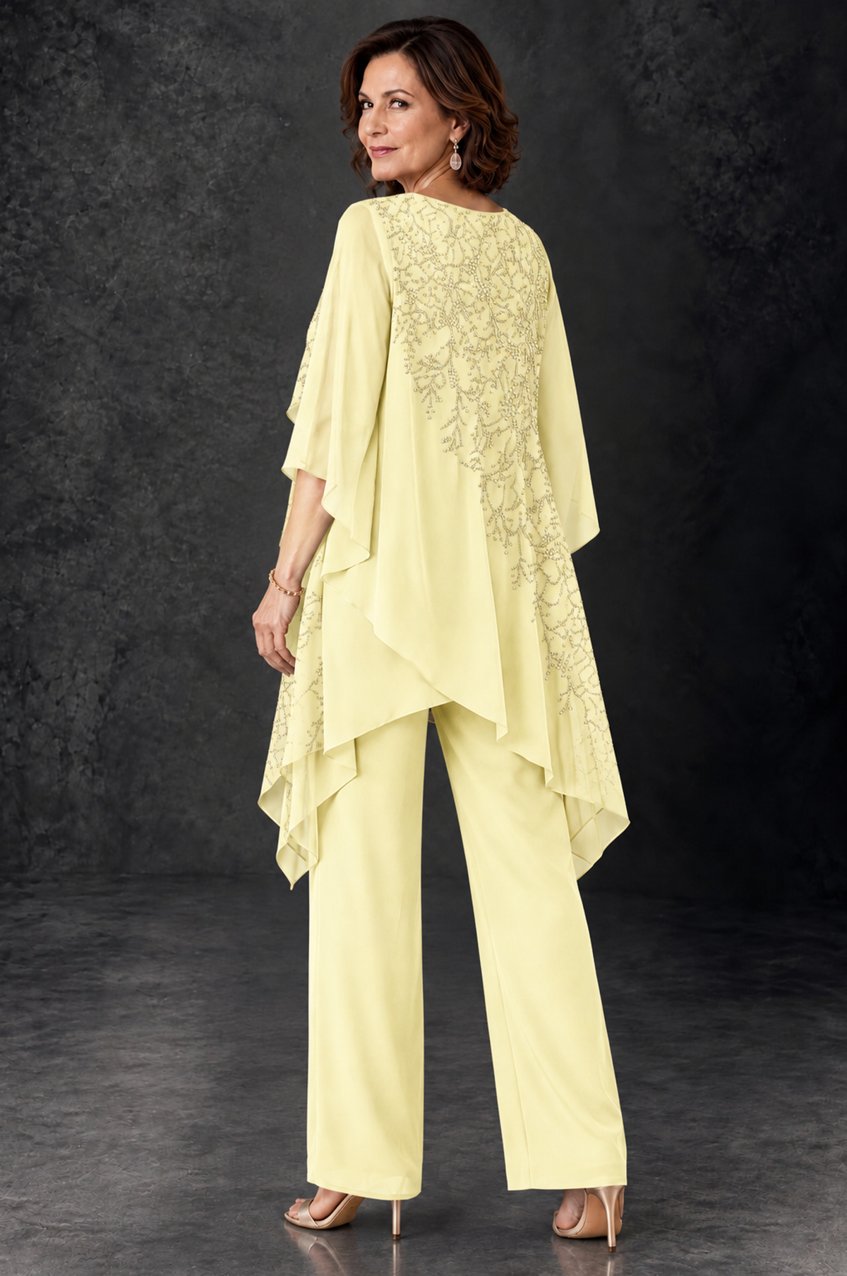 BOLODOO Light Yellow Embellished Cape Pant Suit for Mother of the Bride - Light Yellow - Light_Yellow_4