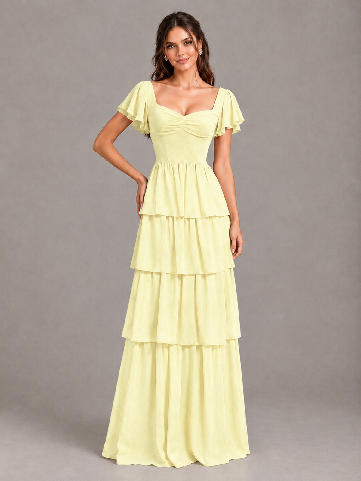 BOLODOO Light Yellow Flutter Sleeve Tiered Maxi Bridesmaid Dress - Light Yellow - Light Yellow_4