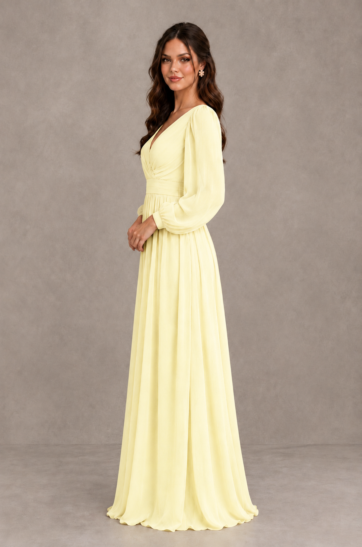BOLODOO Light Yellow Long Sleeve V-Neck A-Line Bridesmaid Dress - Light Yellow - Light Yellow_4
