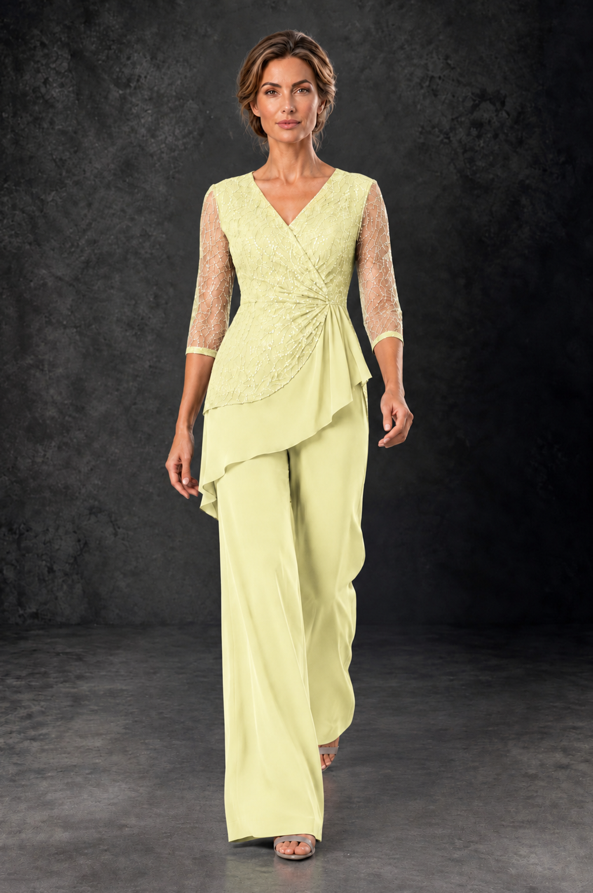 BOLODOO Light Yellow Sequin Lace 3/4 Sleeve Chiffon Mother of the Bride Pant Suit - Light Yellow - Light_Yellow_4