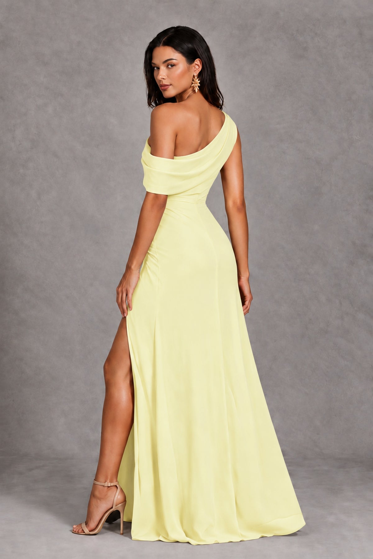 Light Yellow One-Shoulder Floor-Length Evening Gown with High Slit - Light Yellow