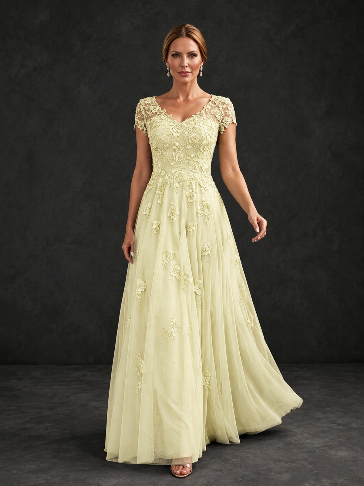BOLODOO Light Yellow Cap Sleeve Lace Appliqué A-Line Formal Gown | Mother of the Bride Dress - Light Yellow - Light Yellow_4