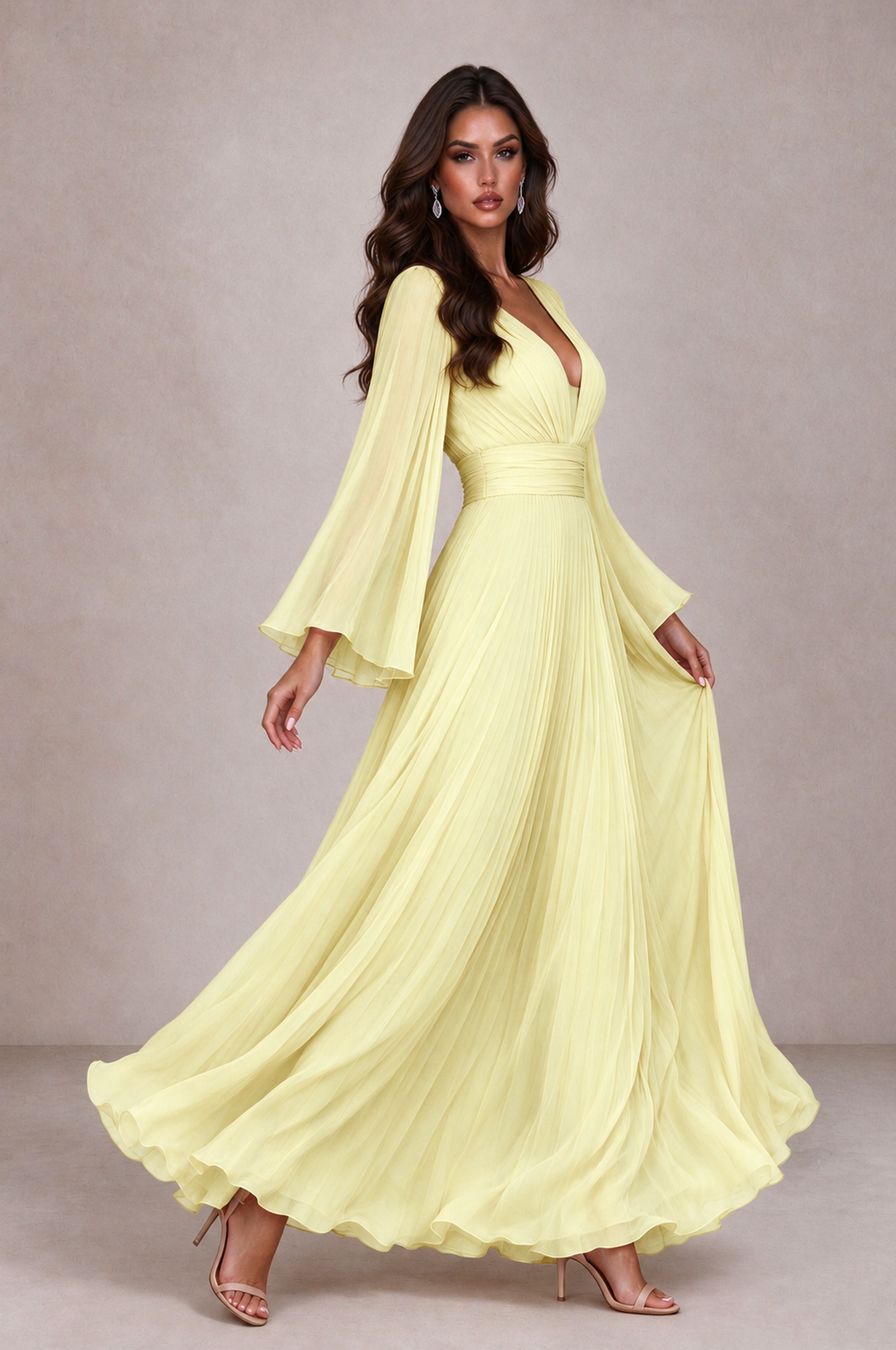 BOLODOO Light Yellow Pleated Deep V-Neck Long Bell Sleeve Evening Dress - Light Yellow - Light_Yellow_4