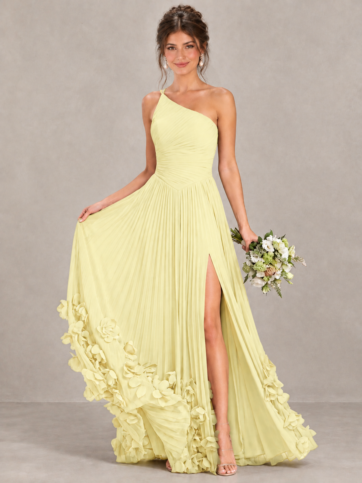 BOLODOO Light Yellow One-Shoulder Pleated Bridesmaid Dress with 3D Floral Hem - Light Yellow - Light Yellow_4