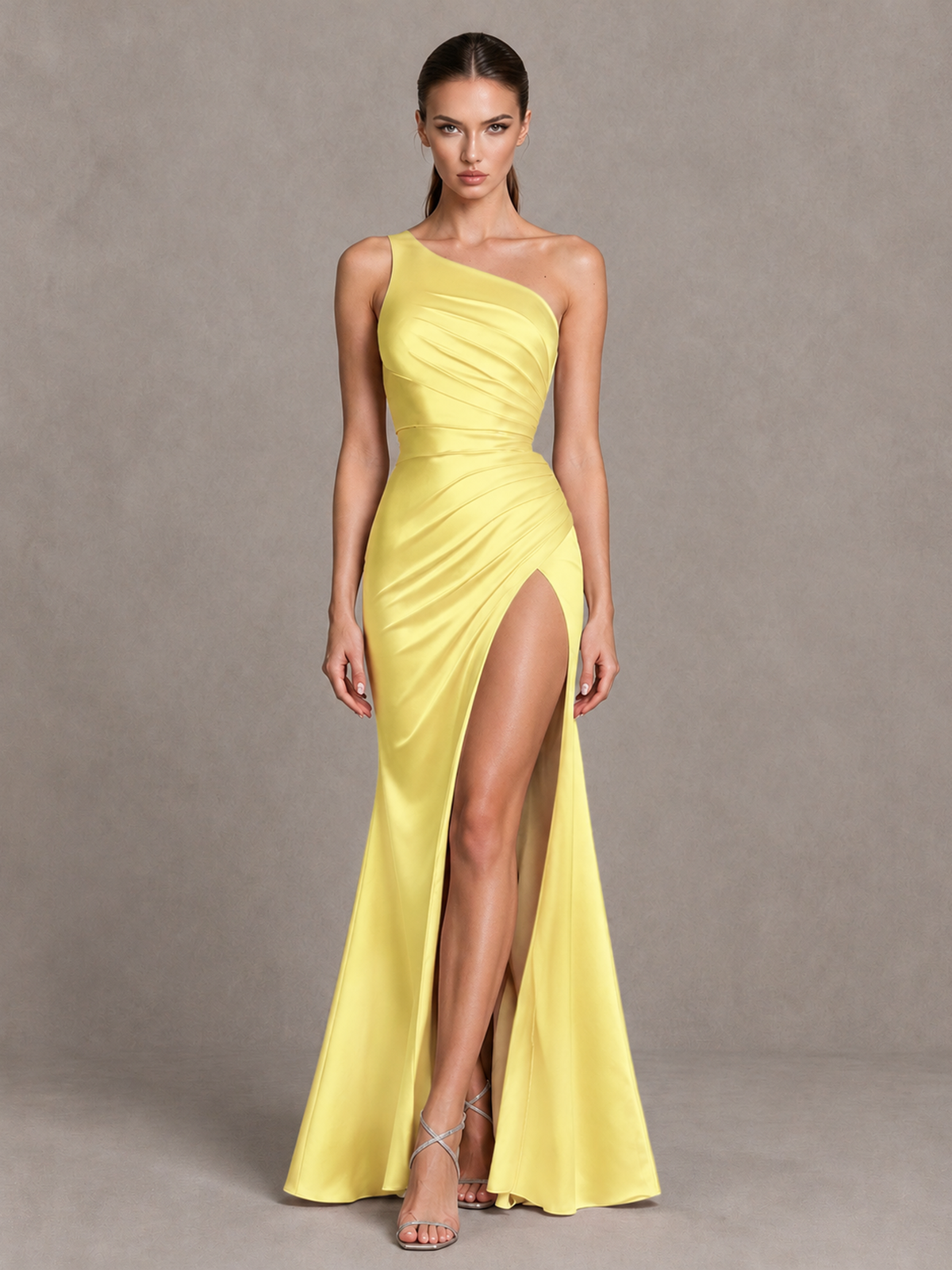 BOLODOO Light Yellow One-Shoulder Ruched Satin-Look Evening Gown with High Slit - Light Yellow - Light Yellow_4