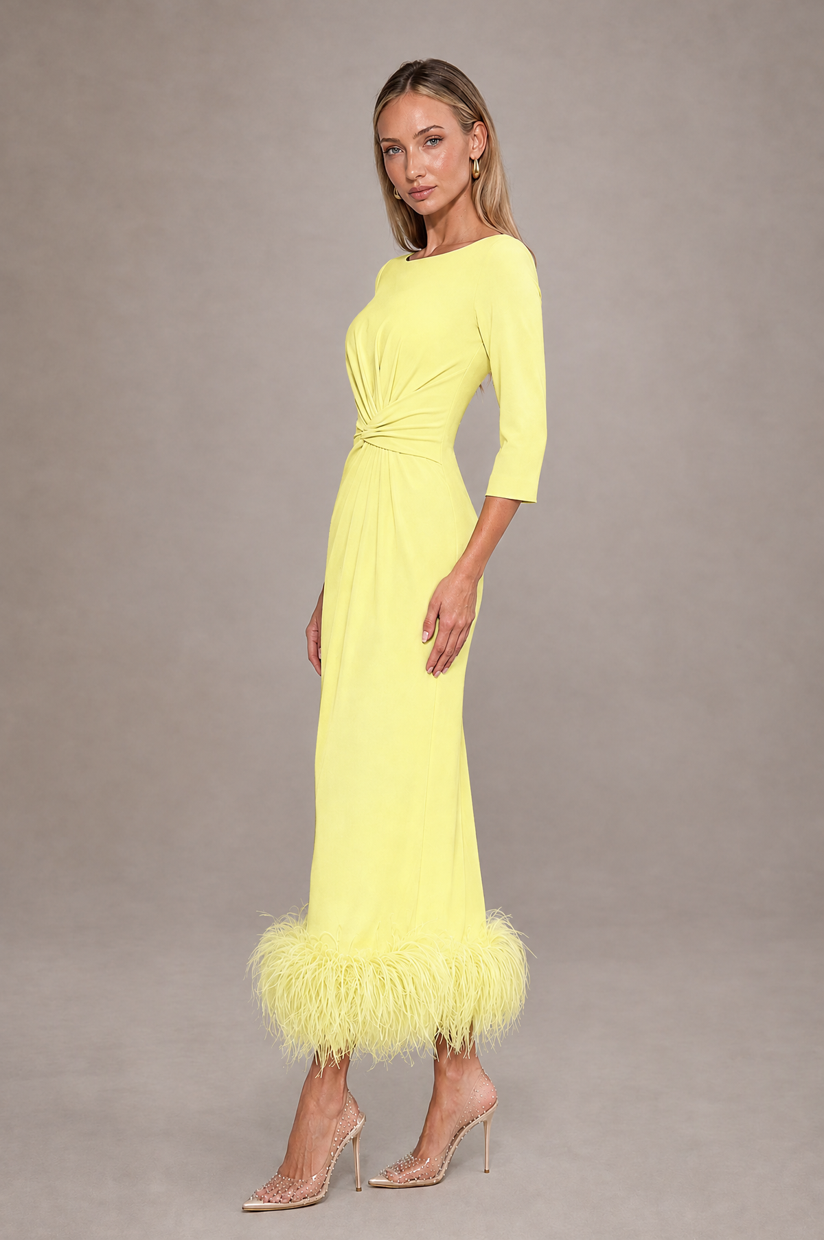 BOLODOO Light Yellow Feather-Trim Twist-Waist Midi Dress - Light Yellow - Light_Yellow_4